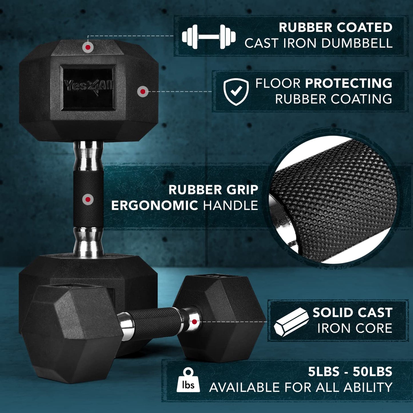 Yes4All Hex Dumbbell Rubber Grip - Premium heavy weight Dumbbell - 45lbs