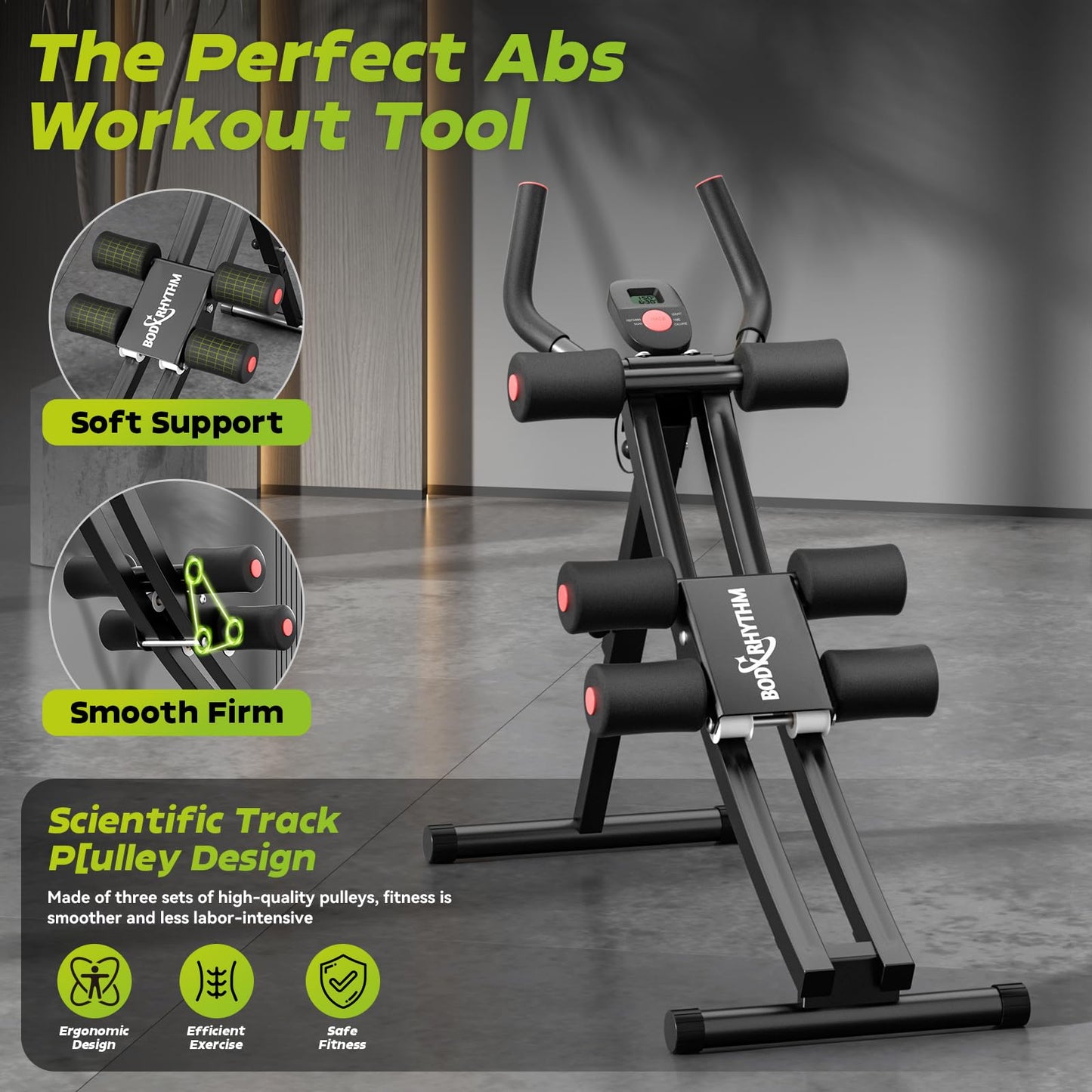 BODY RHYTHM Dual-Track Ab Machine with 4 Adjustable Heights, Foldable Core & Abdominal Exercise Machine, Total AB Workout Equipment for Home Gym, Ab Women Exercise Fitnes Trainer. (Black)