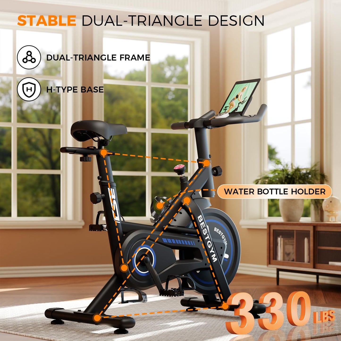 BSJ BESTGYM Exercise Bike, Brake Pad Stationary Bike with App, Low Noise Indoor Cycling Bike with 330lbs Weight Capacity, Adjustable Seat, Tablet Holder, Water Bottle Holder for Home Fitness and Weight Loss (Friction-Black)