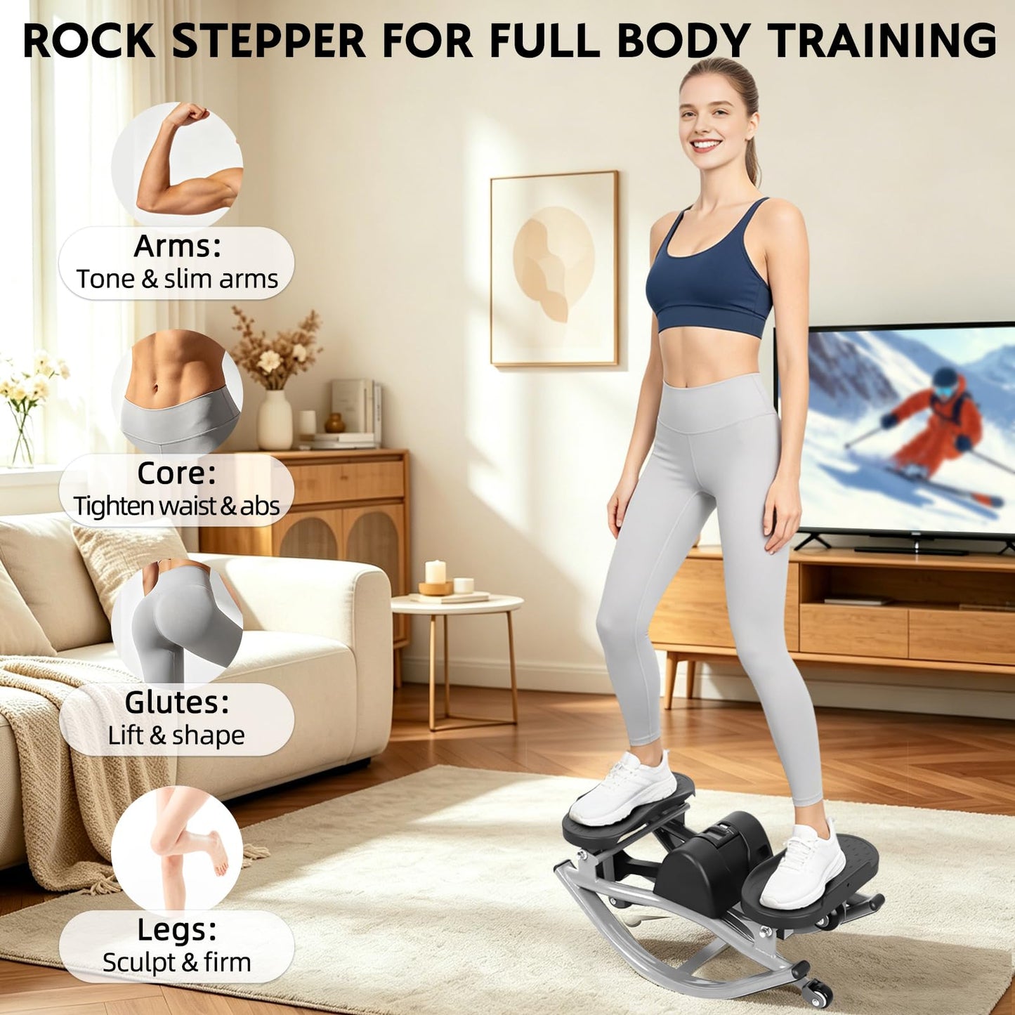 Rock Stepper with Digital Monitor, Low-Impact Compact Rock Stepper Side to Side with Resistance Bands, 360 LBS Weight Capacity, Portable Stair Stepper for Home, Apartment, Dormitory, Office