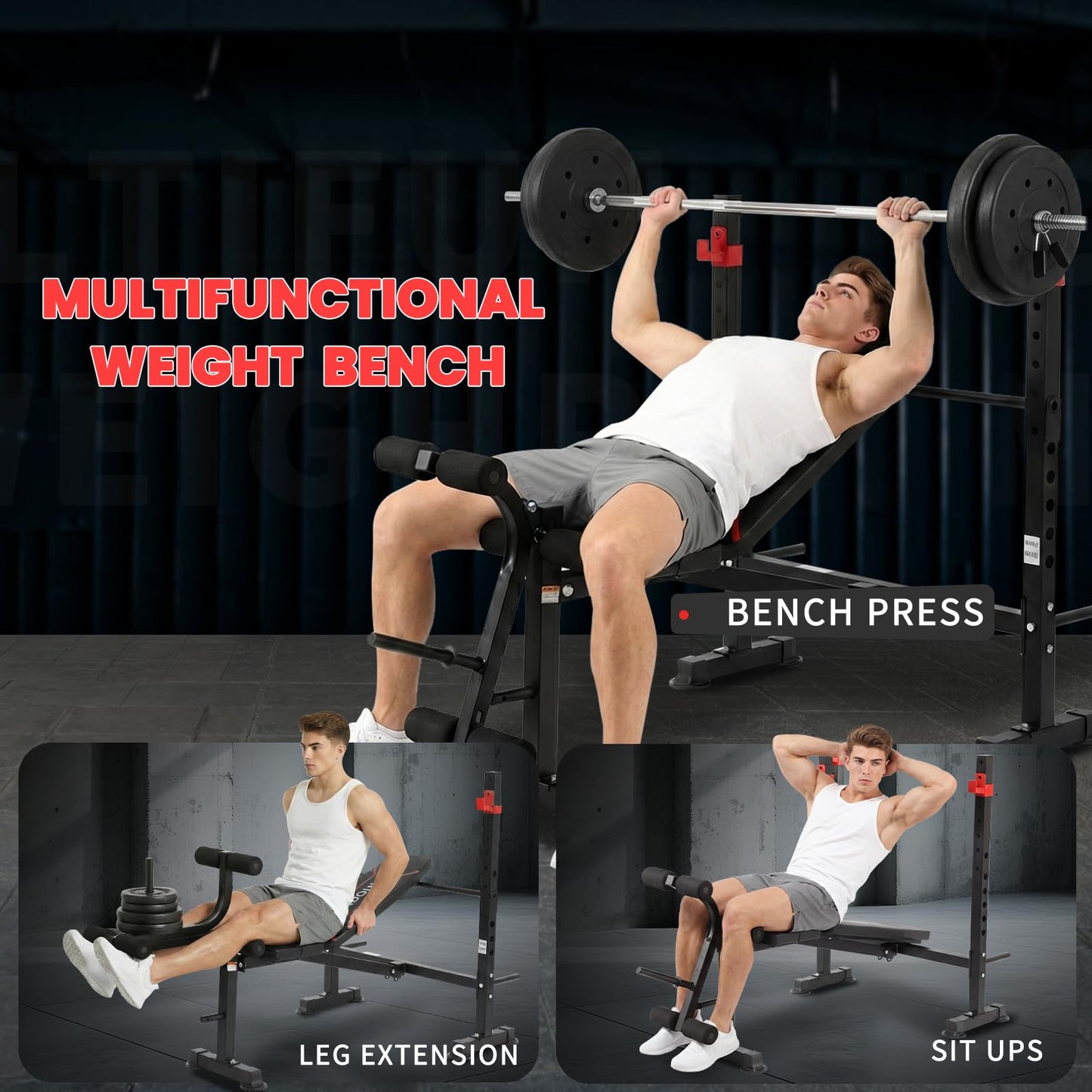 Standard Weight Bench Set with Leg Extension and Leg Curl, Adjustable Bench Press Set with Squat Rack, Foldable Flat Incline Decline Workout Bench for Home Gym Full Body(US Stock)