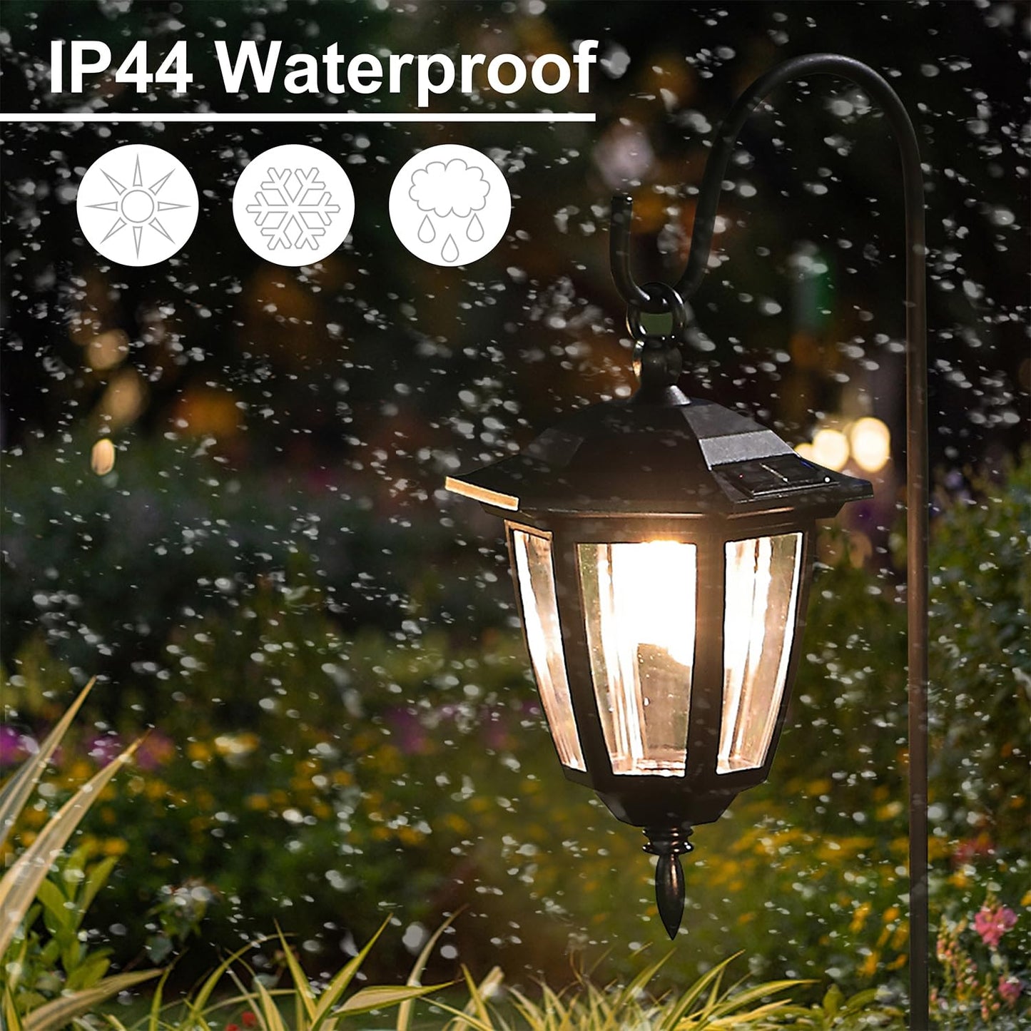 Dynaming 6 Pack Solar Hanging Lights Outdoor, Solar Powered Garden Decorative Lanterns with 6 x 38 Inch Shepherd Hooks, Waterproof Landscape Lighting for Lawn Patio Yard Pathway Driveway, Warm White