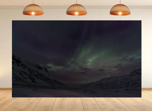 UPXIO 10x7ft Aurora Borealis Snowy Mountain Backdrop Starry Night Sky and Green Northern Lights Photo Background