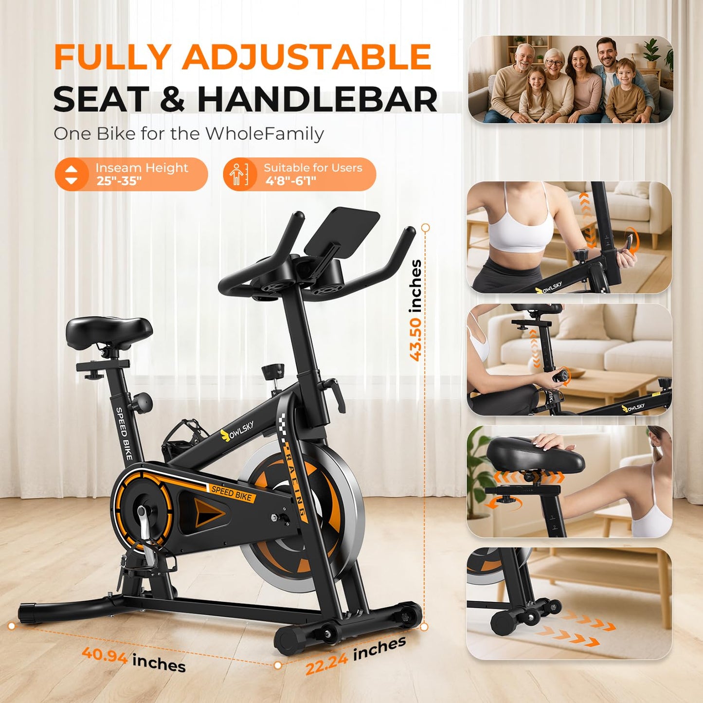 OWLSKY Exercise Bike with APP, Stationary Bike for Home, 300 lbs Capacity Quiet Indoor Cycling Bike Gym Cardio Workout, Adjustable Seat & Tablet Holder Friction-Black