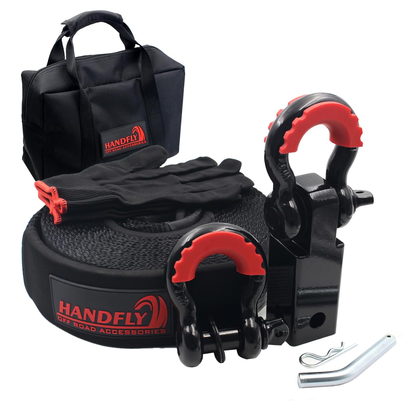 Handfly Offroad Recovery Kit, 3" x 30 ft Tow Recovery Strap, 1pcs Hitch Receiver, 2pcs 3/4" D-Ring Shackles with Storage Bag for Truck Jeep SUV ATV