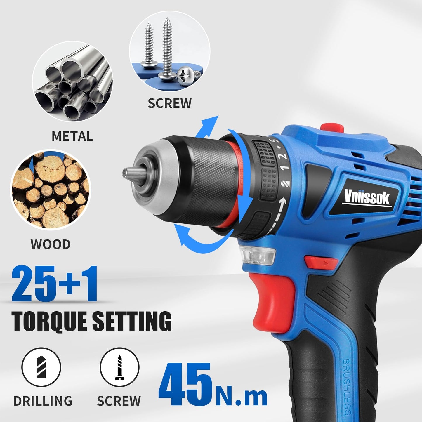 Vniissok Cordless Drill Set,18V Brushless Power impach driver with Battery and Charger, 3/8" Keyless Chuck, Variable Speed, Drill Driver Bits Kit for Drilling and Tightening/Loosening Screws