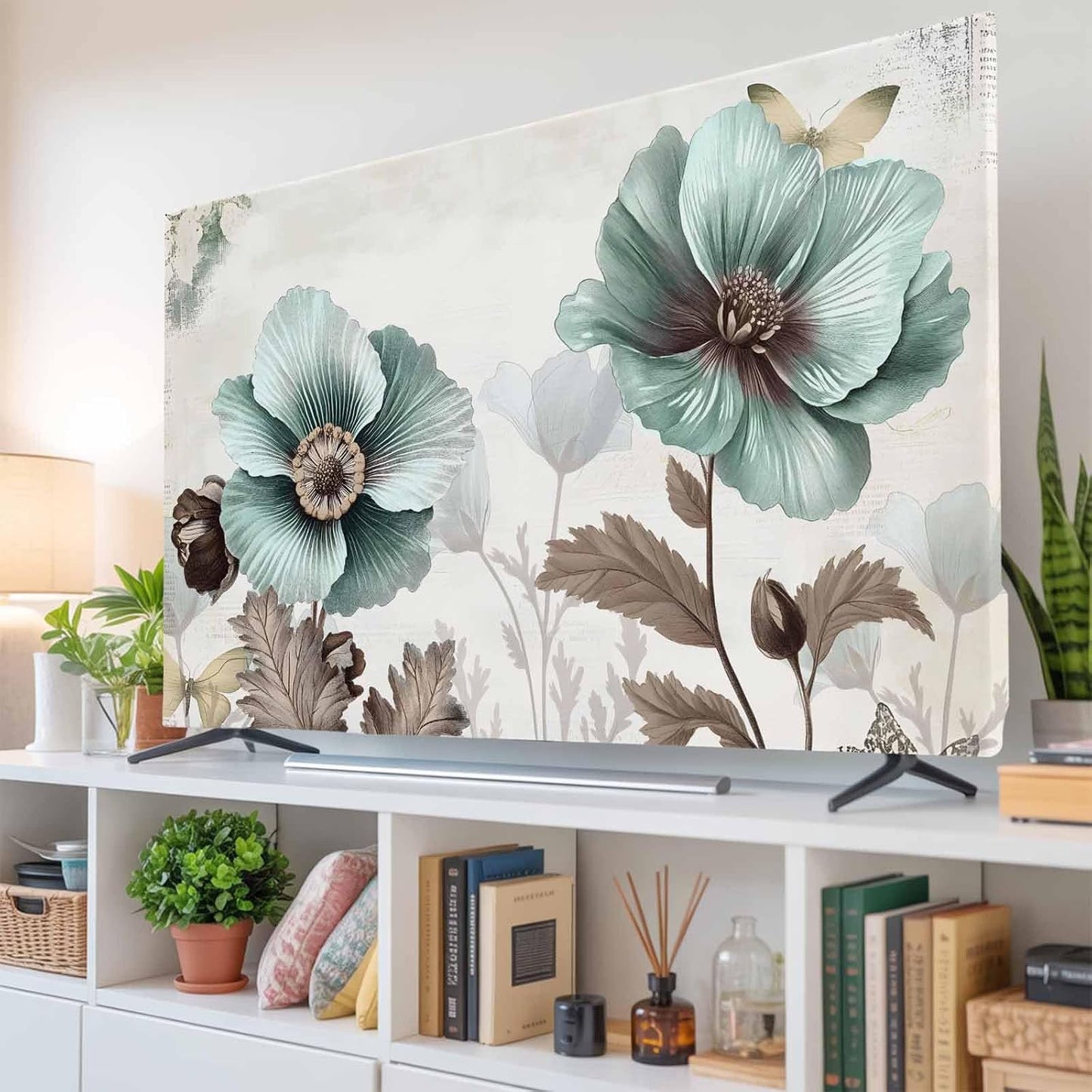 Yukro 85 Inch, 74"x42" Teal Broccoli Indoor TV Dust Cover, Rustic Farmhouse Flower Leaf Victorian Style Elastic TV