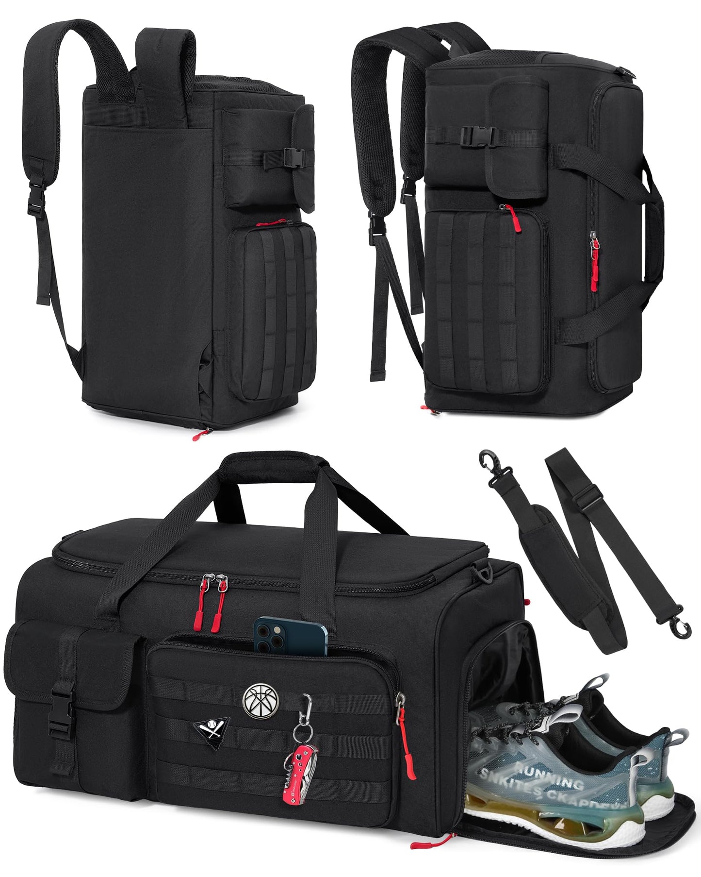 RAINSMORE Gym Bag for Men, 45L Sports Travel Duffel Bag with Shoe & Laptop Compartment, Gym Workout Backpack Carry On Weekender Bag Overnight Backpack for Travel, Black