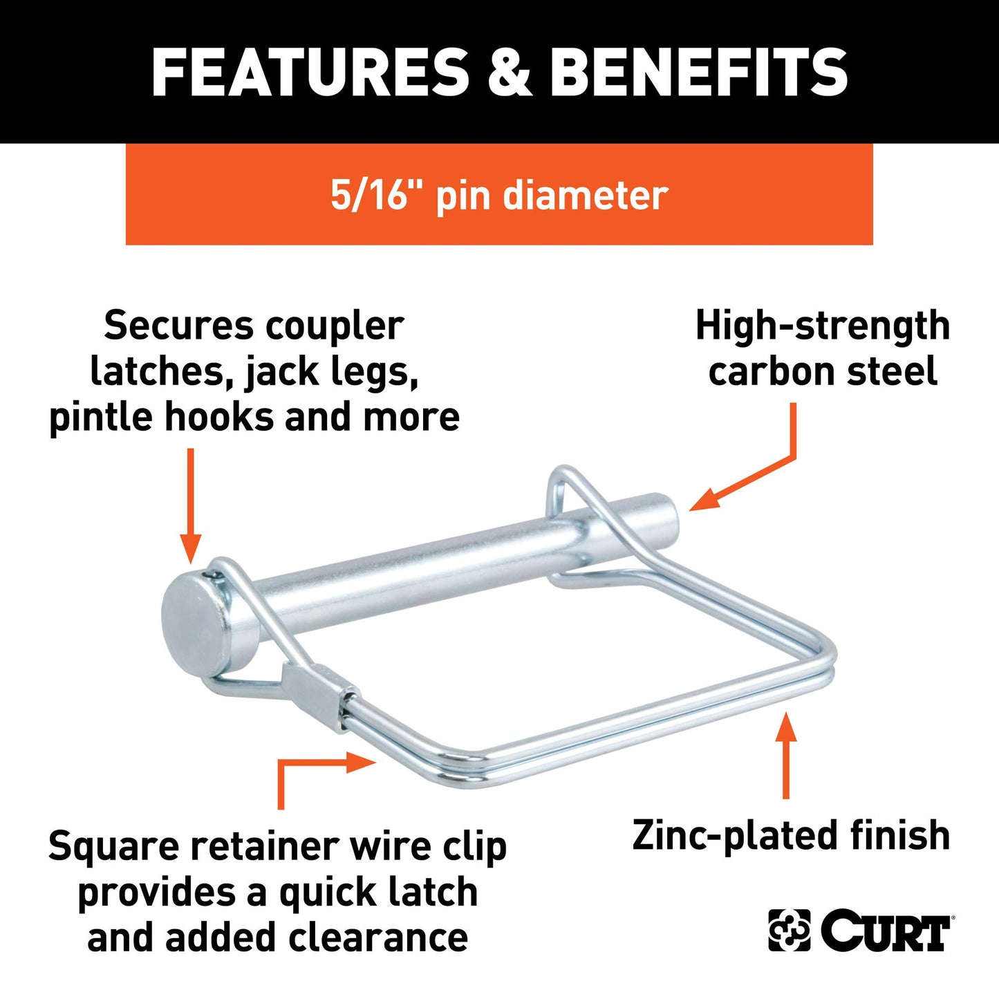 CURT 25011 Trailer Coupler Pin, 5/16-Inch Diameter x 3-Inch Long