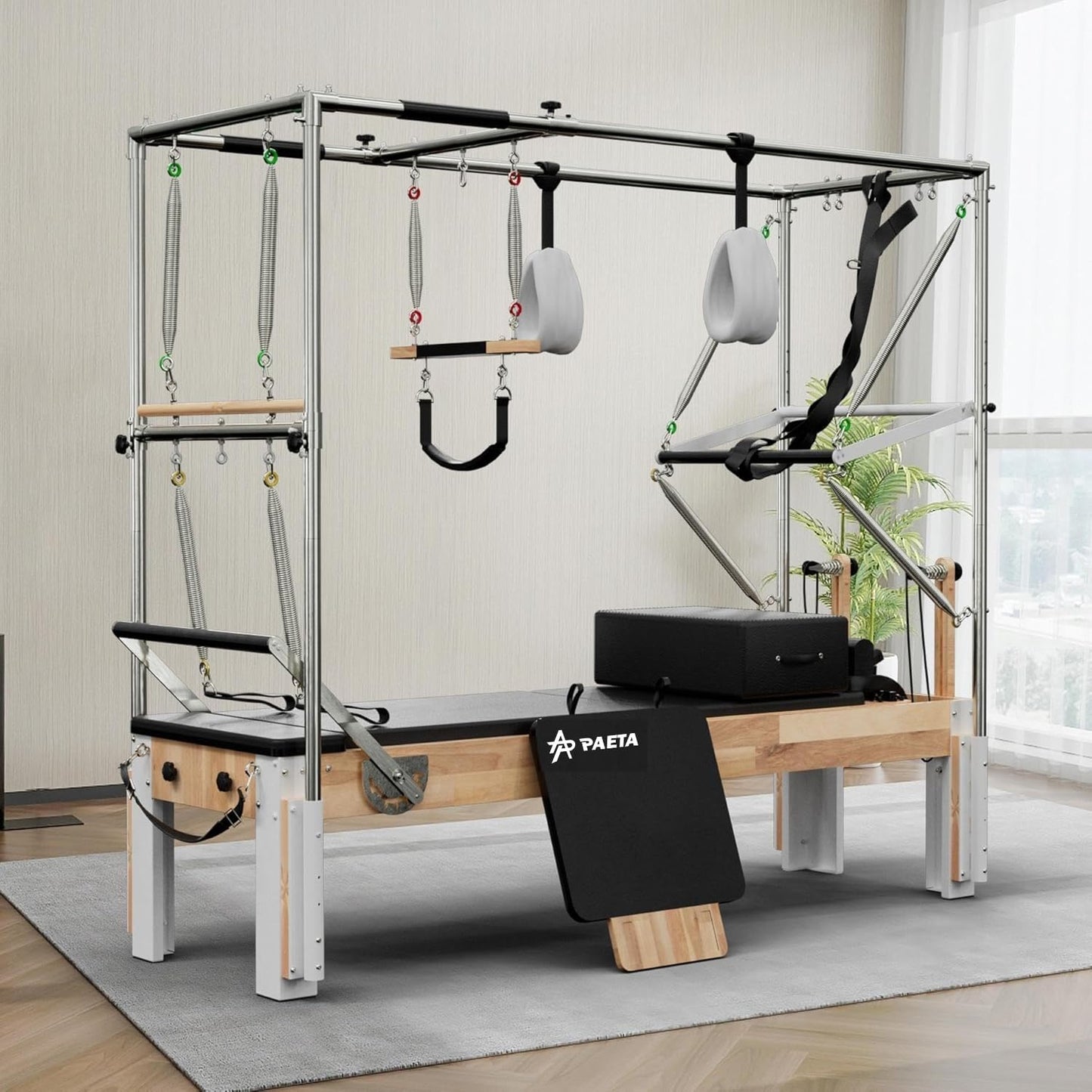 PAETA Pilates Reformer, Wooden Reformer Pilates Machine with Cadillac Trapeze Table, Pilates Equipment for Home Workout and Studio, Includes Sitting Box, Jumpboard(Reformer Cadillac