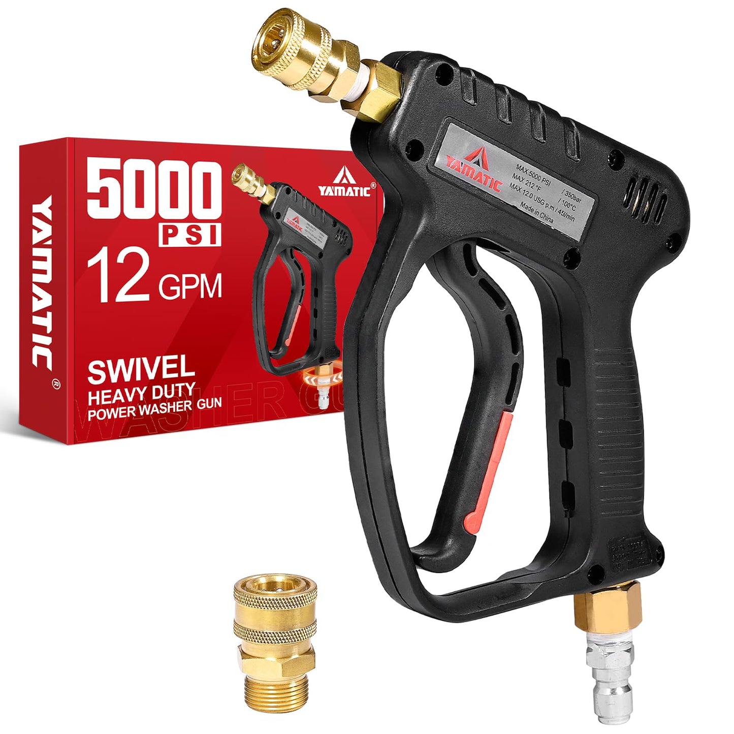 YAMATIC Short Pressure Washer Gun with Swivel, 5000 PSI Power Washer Wand Stubby Trigger Handle with 3/8" Plug & M22-14mm Male Inlet, 1/4" Quick Connect Outlet for Foam Cannon Car Wash