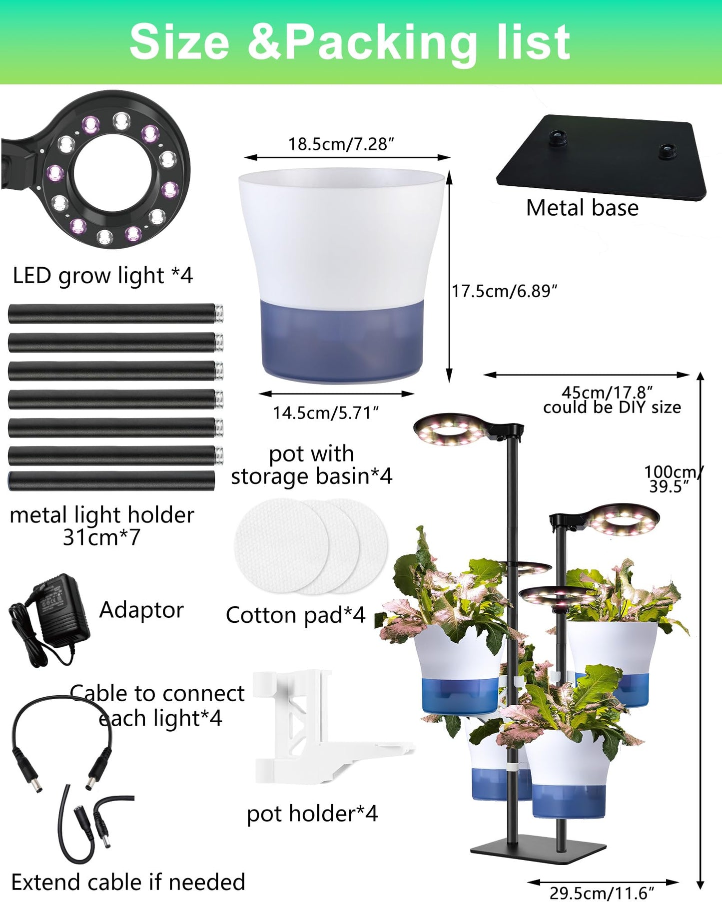 Indoor Plant Hydroponics Growing System Tower Kit with Grow light,Herb Vegetable Indoor Garden Growing System with Standing Floor Tall LED Grow Light,Height Adjustable with Timer & Metal Stand (Large)