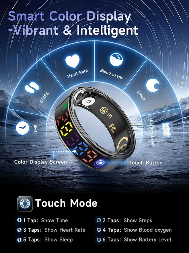 Smart Ring for Women Men, Health Ring with Colorful Display, Fitness Tracker with Heart Rate, Blood Oxygen, Sleep Monitor, No Subscription Fee, 5ATM Waterproof for iPhone & Android (Silver, 10)