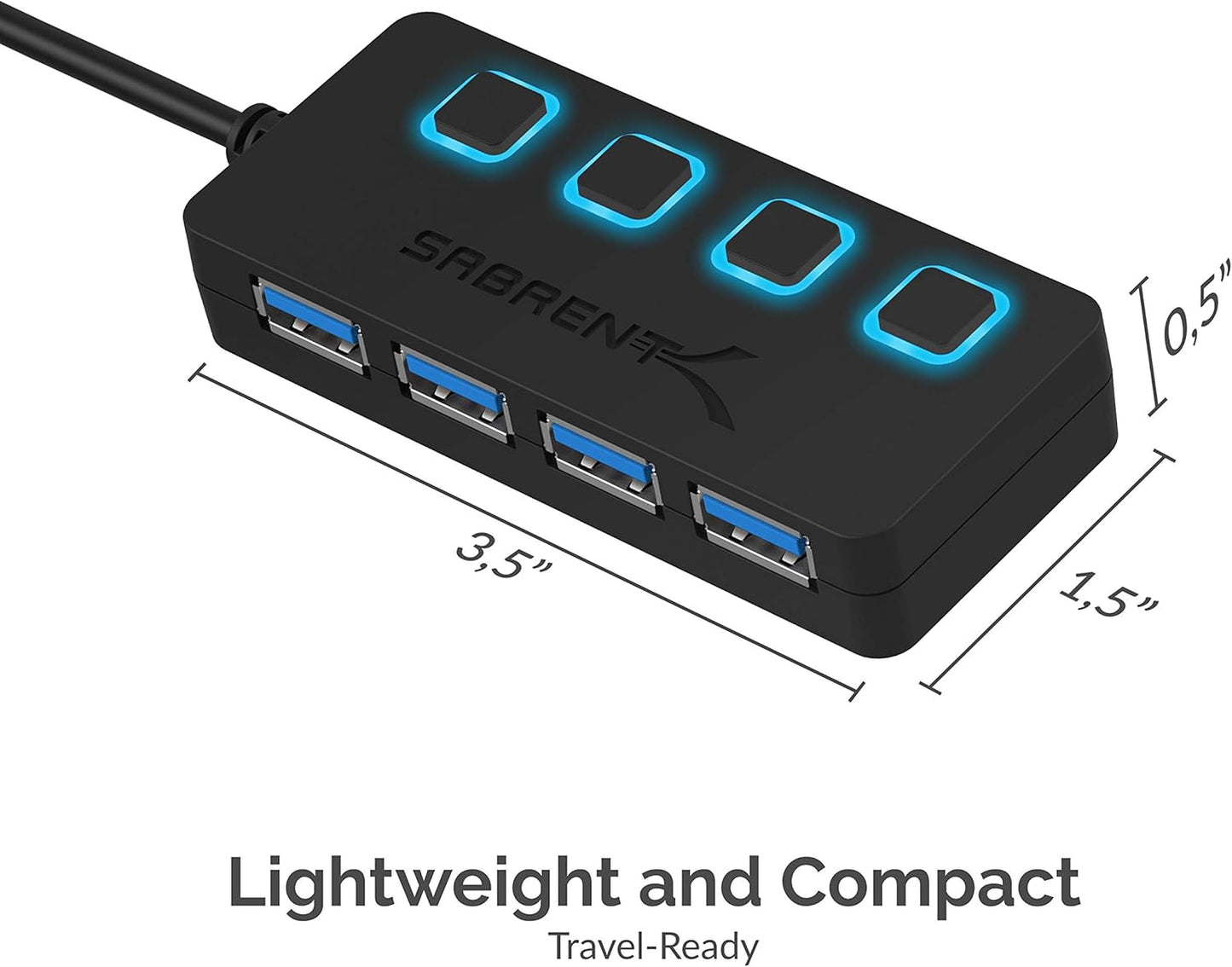 SABRENT 4-Port 3.0 2 (HB-UM43) USB Hub with Individual LED Power Switches - Slim, Portable Design - Ft Cable - Fast