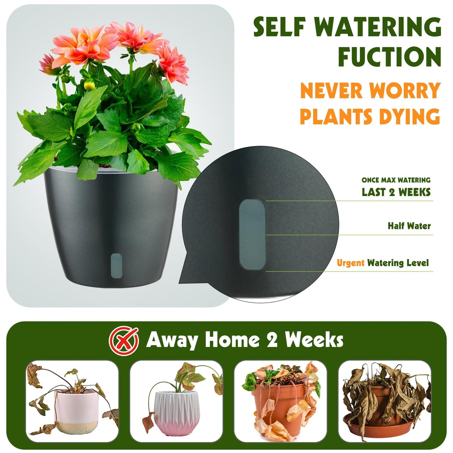 KvyusFlourish Self Watering Pots for Indoor Plants, 6-Pack 6.7'' Self Watering Planter with Drainage Holes, Small African Violet Pots with Water Indicator, Clear Wick Orchid Pot, Grey