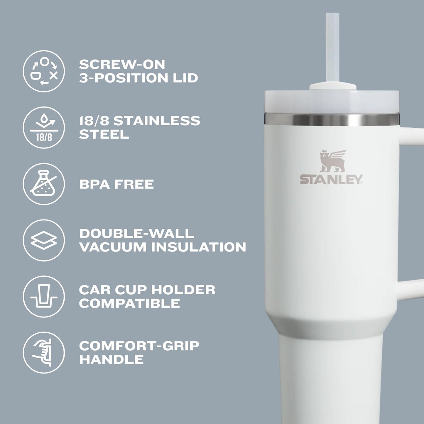 STANLEY Quencher H2.0 Tumbler - 30 oz Insulated Stainless Steel Cup with Handle & Straw | Cream 2.0