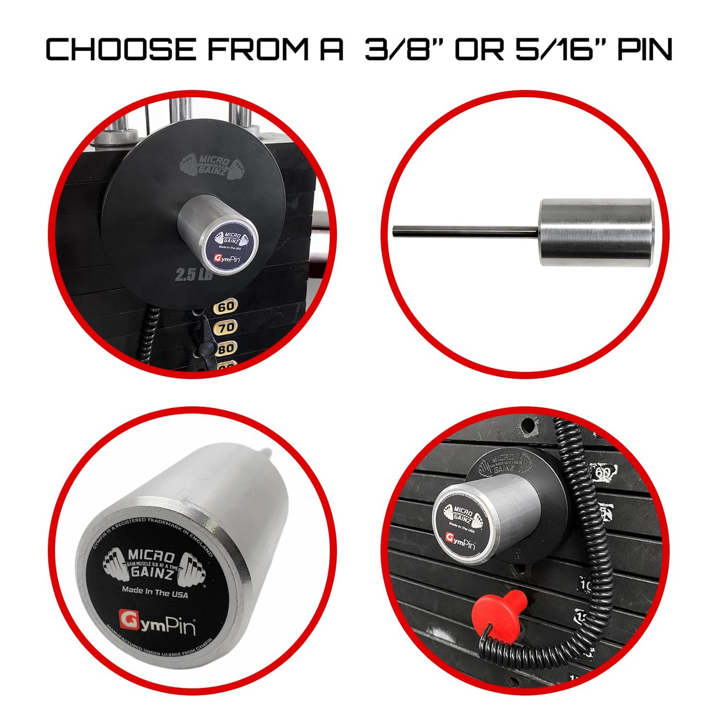 Micro Gainz GymPin Weight Stack Extender Pin for Cable Machine & Home Gym, Designed for Weight Lifting & Strength Training Allowing Additional Olympic Weight Plates, Made in The USA (Size 3/8")