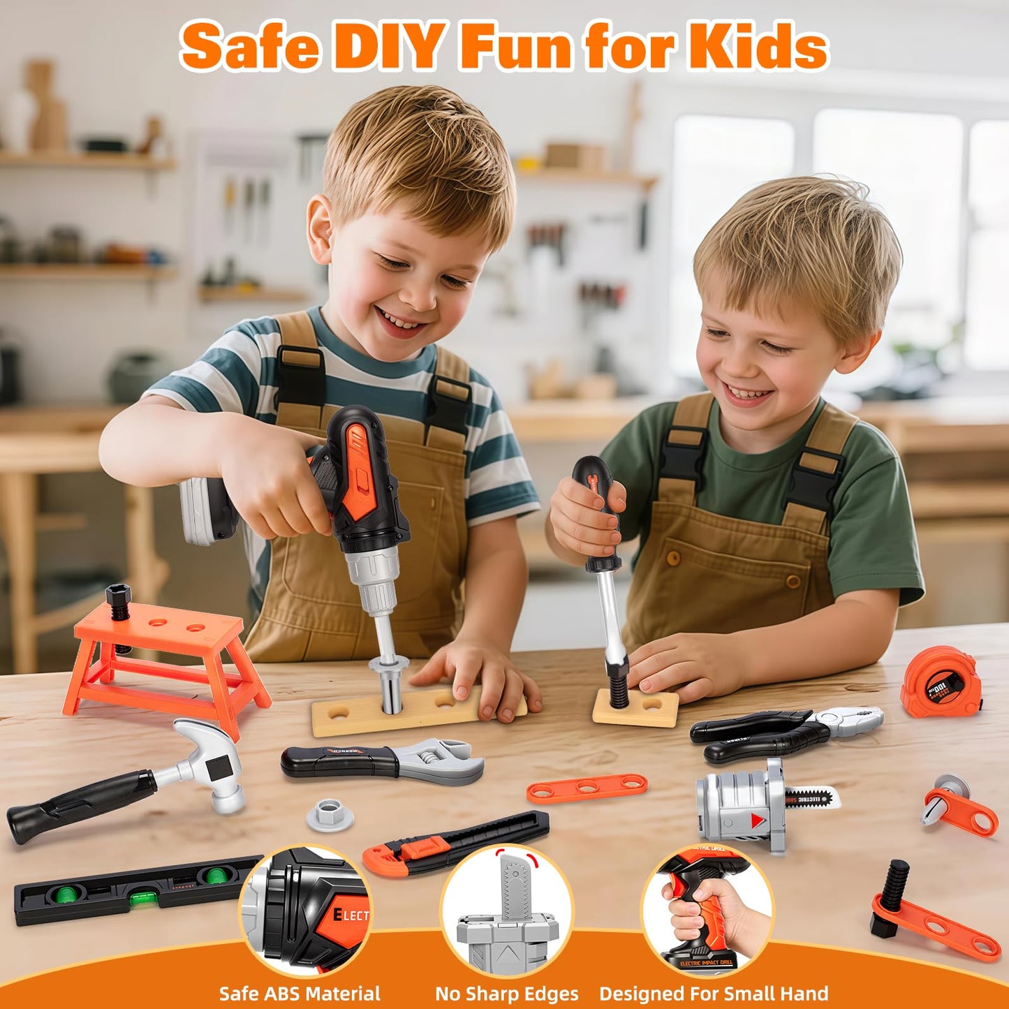 50PCS Kids Tool Set for Boys Ages 3 4 5 6 Years Old - Pretend Play Construction Tool Kits with Portable Tool Bag & Electronic Toy Drill, Toddler Tool Set, Christmas & Birthday Gifts for Boys