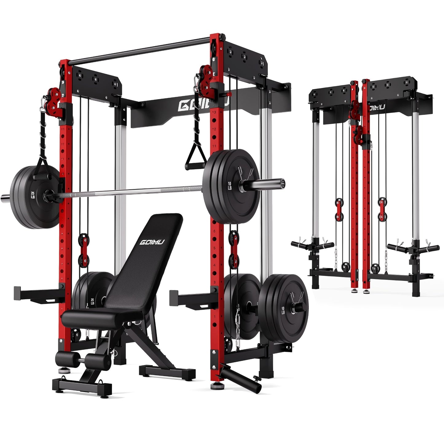 Goimu WM3-V4 Folding Squat Rack, Wall Mounted Power Rack with Dual Independent Pulley System, Functional Trainer with 5 Adjustable Function Modes for Space Saving (340LBS Home Gym Package Red)