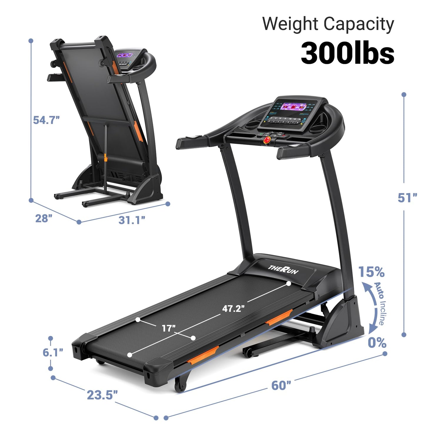 THERUN Incline Treadmill, Treadmills for Running and Walking, 300 lbs Weight Capacity Folding Treadmill with 0-15% Auto Incline, Wide Belt, 3.5 HP, App, Heart Rate, Orange