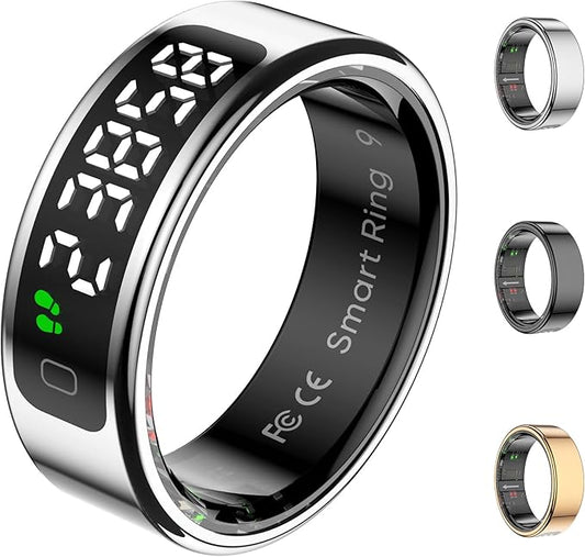 Smart Ring Health Tracker with Display Screen, Sleep Tracker Ring with Heart Rate, Fitness Ring Step tracker for Activity Monitoring/Steps/Calories,Wireless Charging, for iOS Android (Silver,13#)