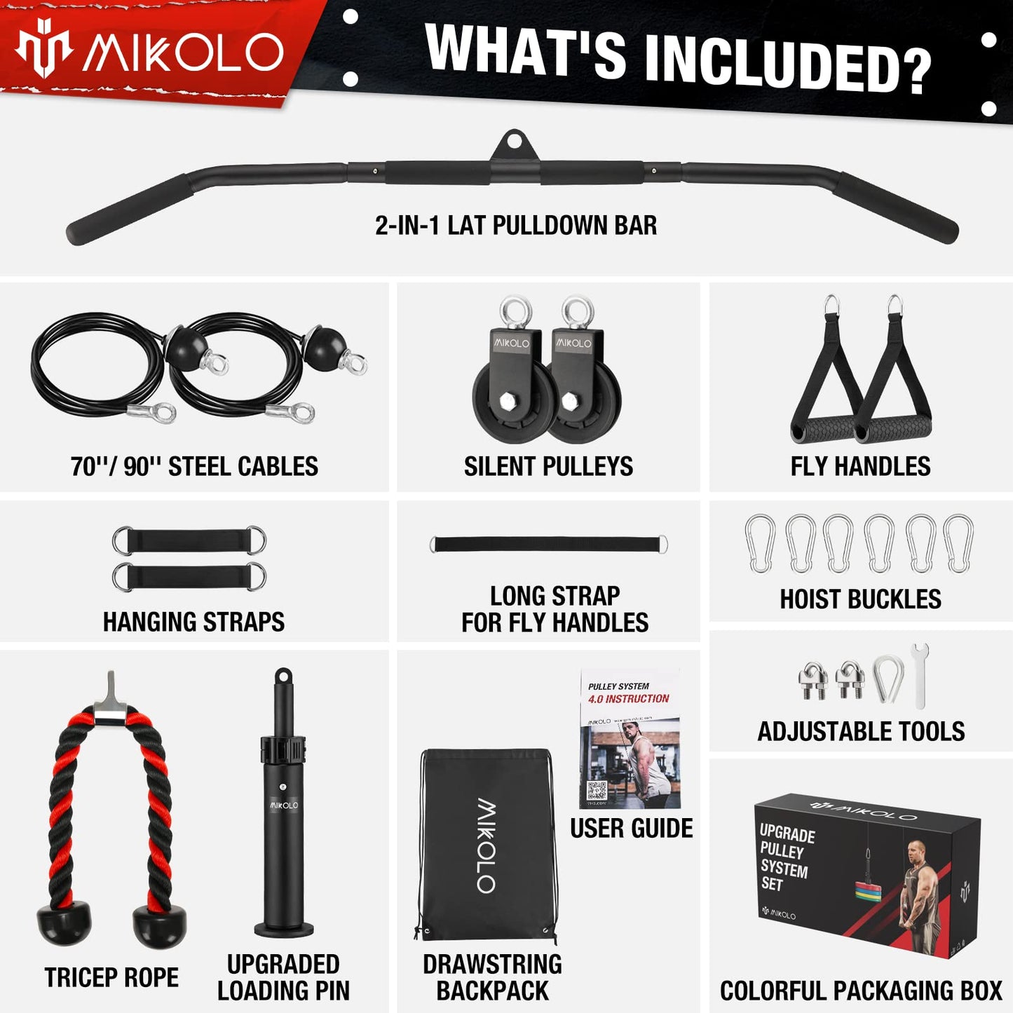 Mikolo Upgraded Weight Lift Pulley System - LAT Pulley Attachments with Adjustable Length Cable for Full Body Training, Home Gym Set