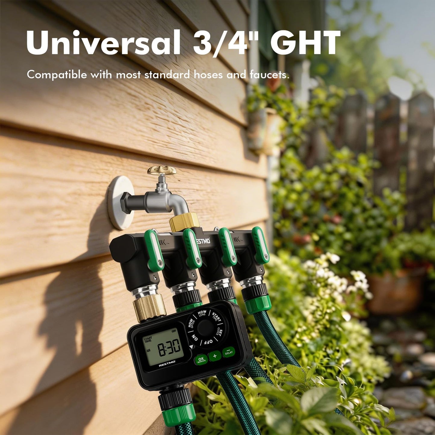 Restmo 4 Way Garden Hose Splitter Heavy Duty Full Metal Body, Full Flow Design with Oversized Ball Valve, Outdoor Faucet Spigot Adapter with Extended Levers, 3/4" GHT Thread - Green