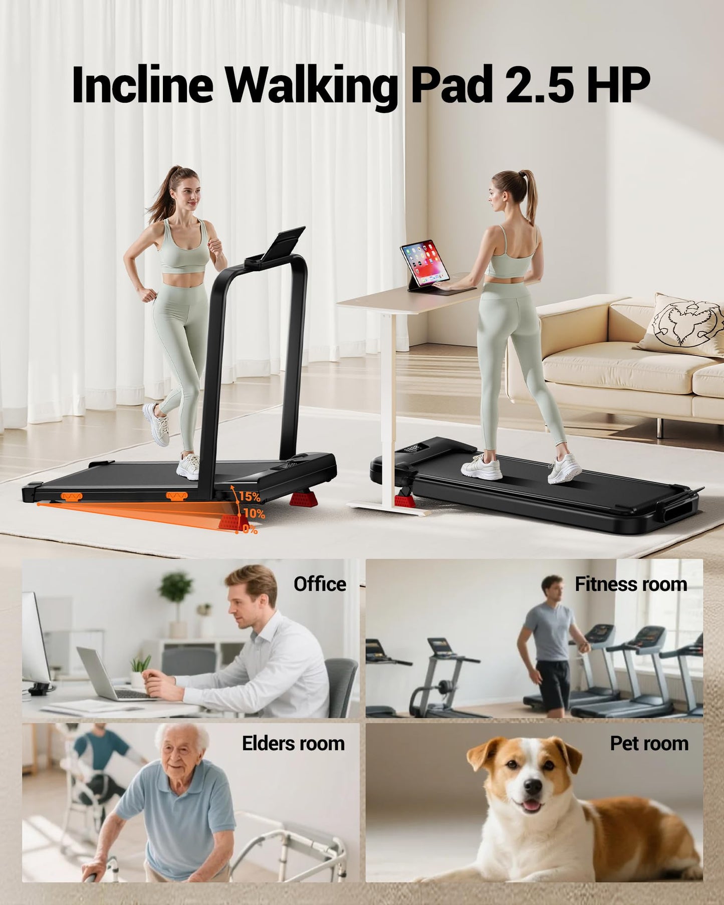 LONTEK Walking Pad with 15% Incline, Portable Under Desk Treadmill, Foldable Treadmills for Home, 2.5 HP Quiet Walking Pad with 300 LBS Capacity
