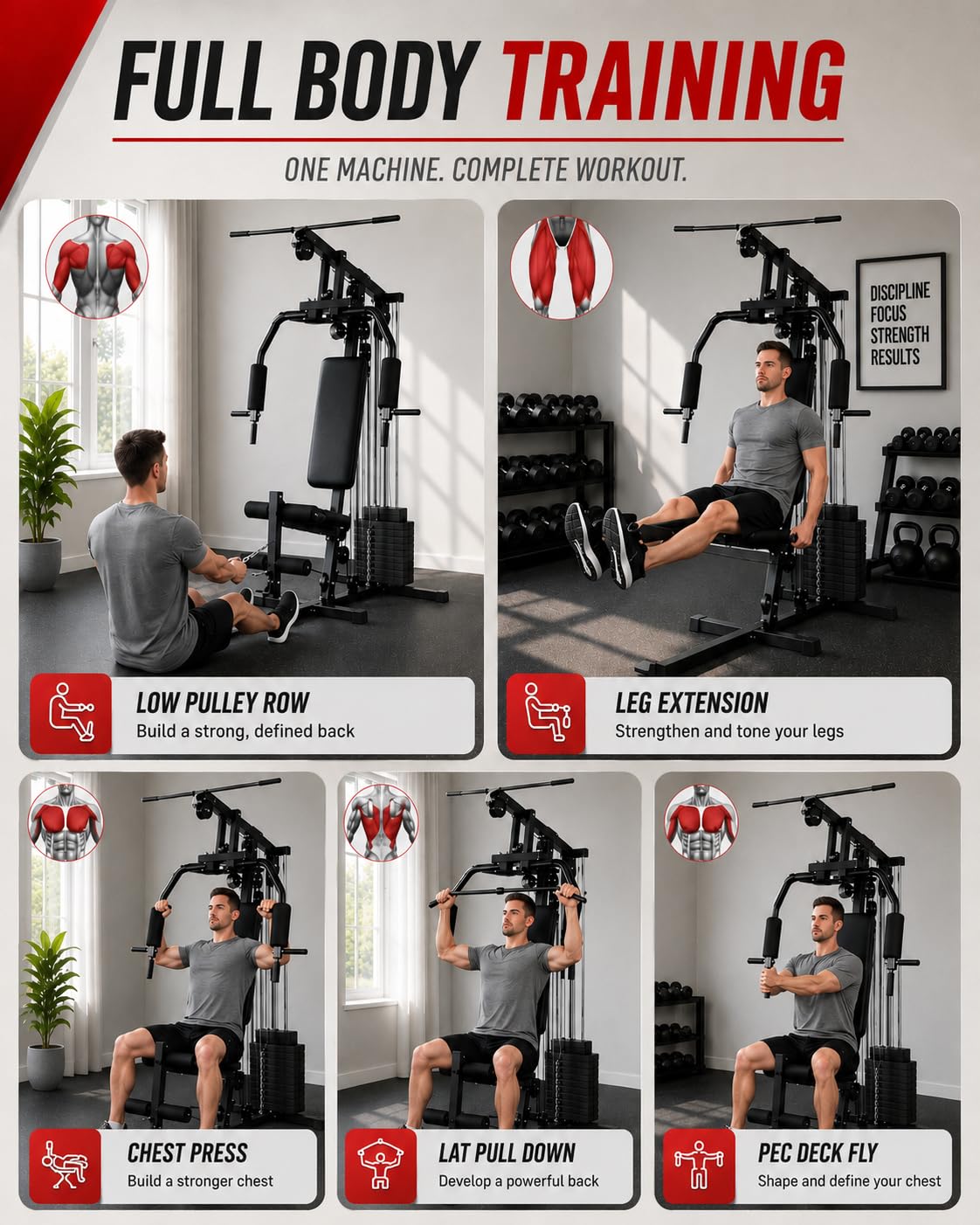 Home Gym Equipment with 100 LBS Weight Stack, All in One Full Body Workout Equipment for Home, Multi-Function Strength Training Machine with Adjustable Butterfly Arm, LAT Pulldown & Leg Extension