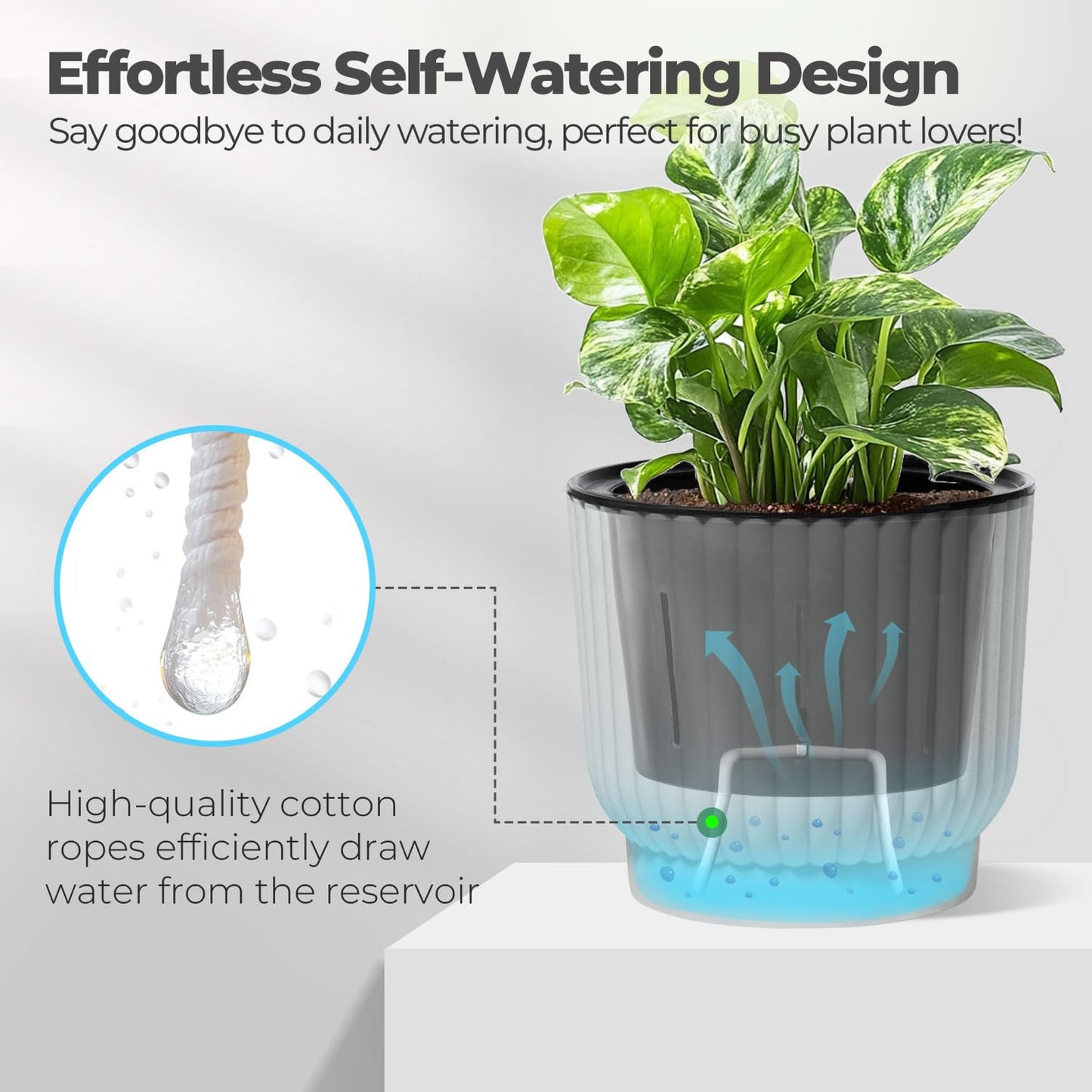 T4U 7 Inch Self Watering Pots for Indoor Plants, 4 Pack Plant Pots, Self Watering Planter for Indoor Plants, Durable Plastic Pots (4 Pack, 7", White)