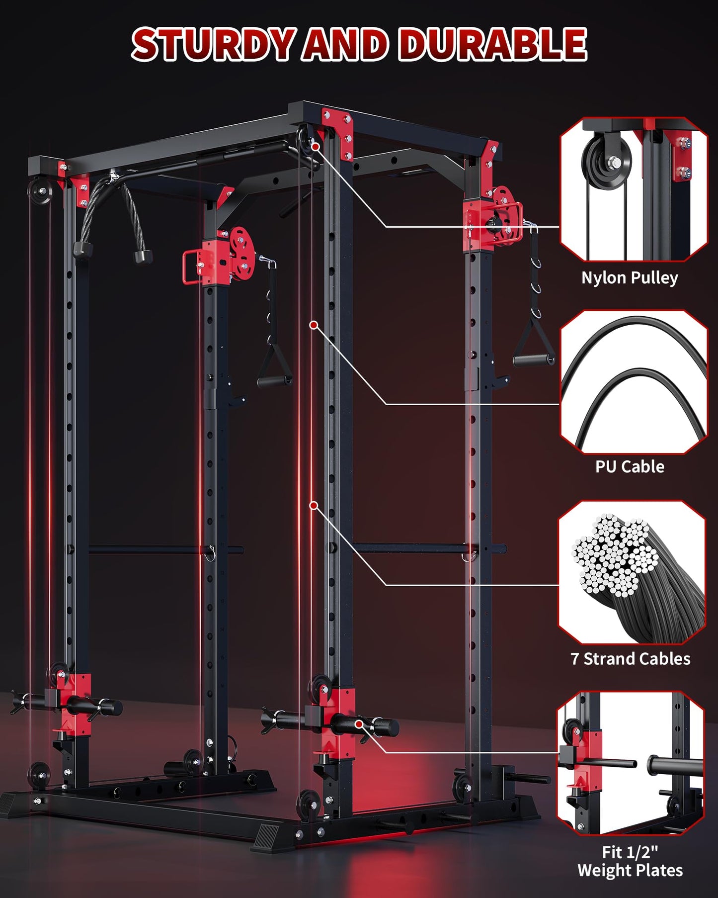 GarveeLife Power Cage, Power Rack with Cable Crossover System, 2000LBS Squat Rack with LAT Pull Down System, Workout Cage with Pulley System for Fitness Home Gym Strength Training(Red and Black)