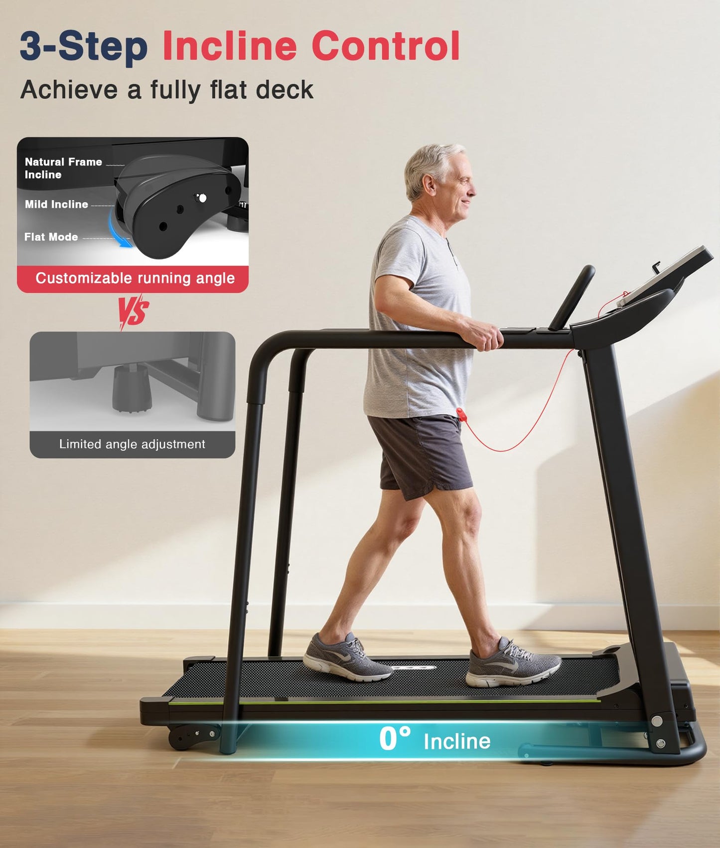 Redliro Treadmill for Seniors Slow Walking - 0.3mph Start, Front & Long Handrails - Foldable Recovery Flat Treadmill for Elderly, Auto Lubrication, 3-Level Incline for Home Use
