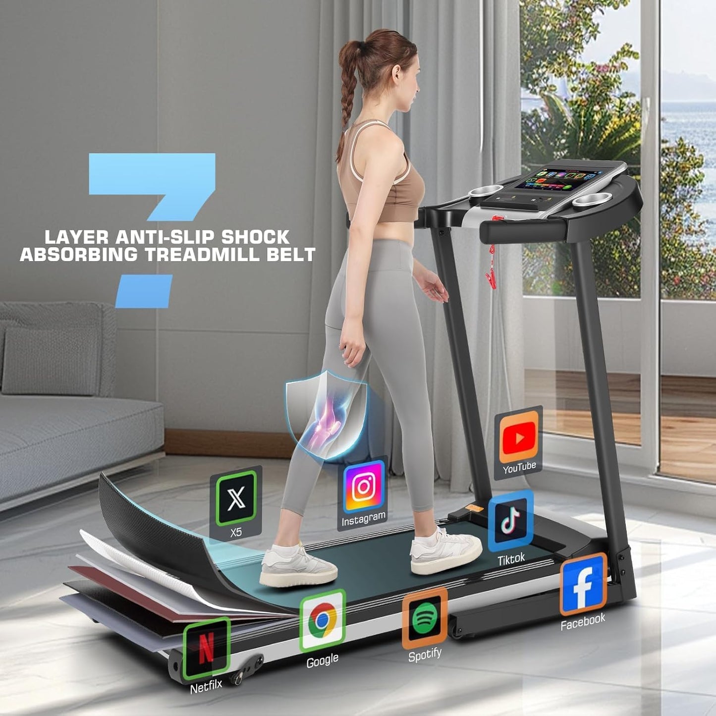 FUNMILY Foldable Treadmills with Incline - Heavy Duty Treadmills with 10" HD WiFi Touchscreen, Smart Walking pad with HiFi Speakers, Running Machine Popular Apps & Interactive Entertainment
