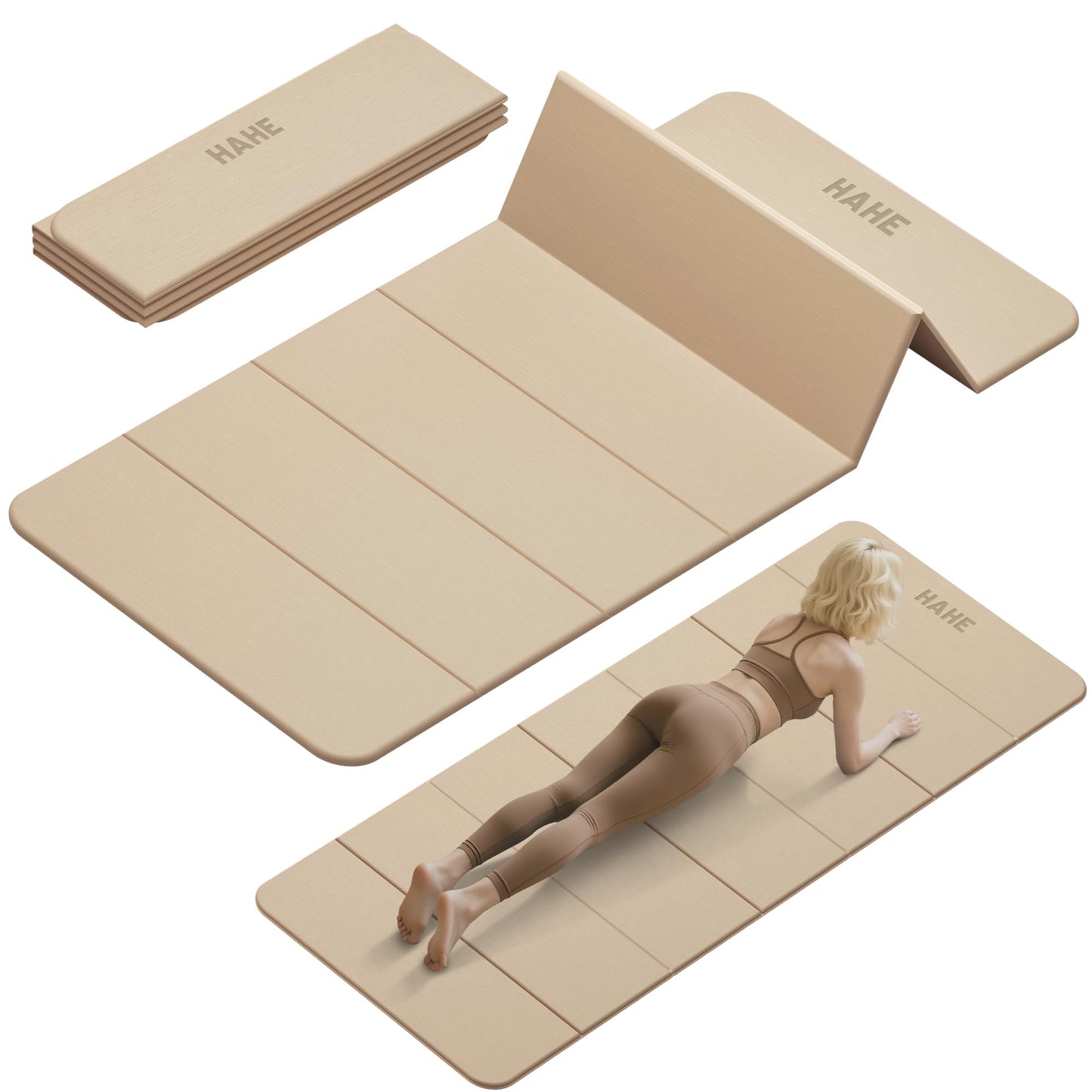 Foldable Yoga Mat, 74"Lx32"Wx1/3"Thick, Folding Exercise Mat, Non-slip Wide Pilates Mats for Home Workout/Travel, Portable Yoga Mat Thick for Yoga/Pilates/Camping/Floor Exercises (Cream)