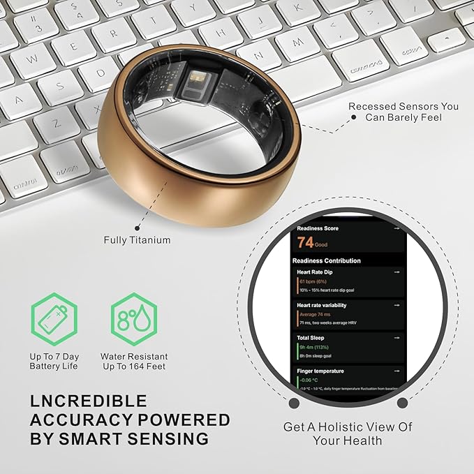Smart Ring, Activity Trackers, Sleep Ring, Fitness Tracking, Stress Tracker, Heart Rate, Meditation, Temperature, Respiratory, No App Subscription, Women, Men, iOS, Android (Rosegold, 11)