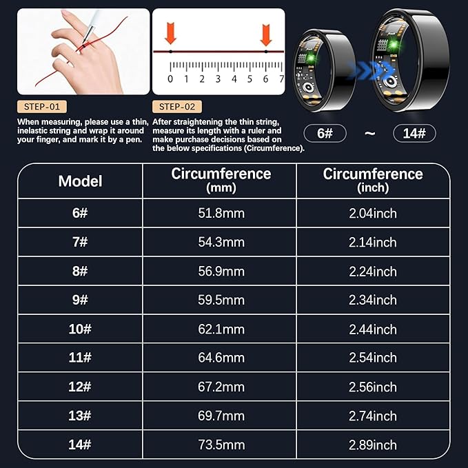 Ring Health Tracker for Women Men, Fit Ring with Heart Rate, Blood Oxygen, Sleep Monitor, Calories, Step Counter, IP68 Waterproof Smart Ring for iPhone & Android, No Subscription Fee (Black, 7#)