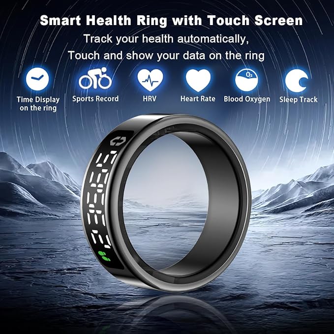 Smart Health Ring with Screen,for Women Men Fitness Tracker Heart Rate, Blood Oxygen, HRV, Sleep Monitoring, Step Counting, IP68 for iPhone and Android, No Subscription Fee (Black, 9#)