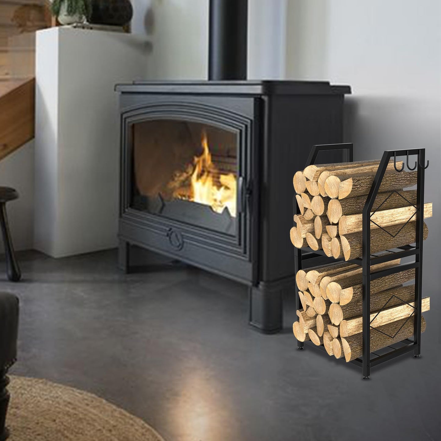VyGrow Firewood Rack for Indoor, 2-Tier Firewood Holder with 3 Hanging Hooks, Heavy Duty Wood Rack for Outdoor Patio, Black