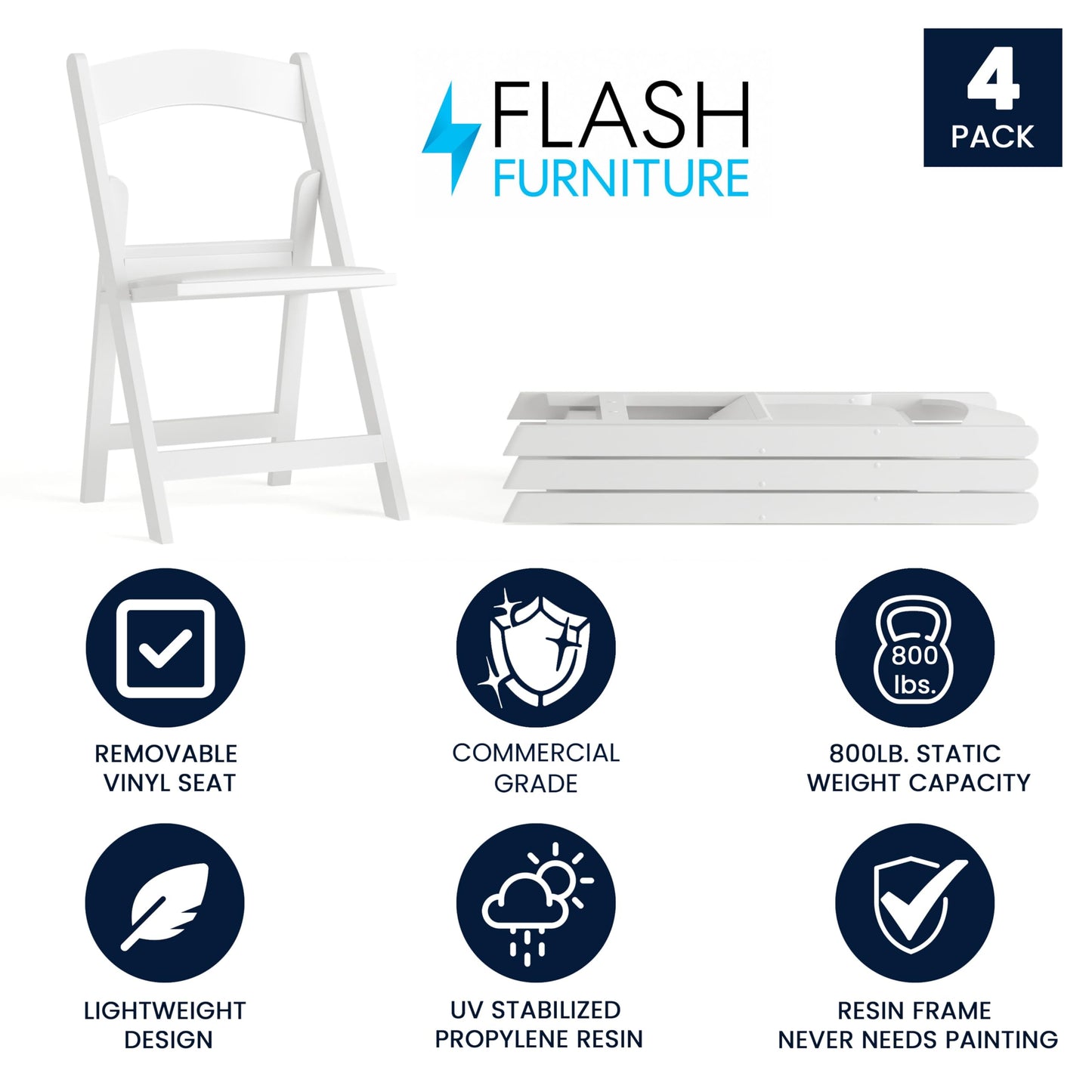 Flash Furniture Hercules Series Folding Chair - White Resin - Set of 4 800LB Weight Capacity Comfortable Event Chair - Light Weight Folding Chair