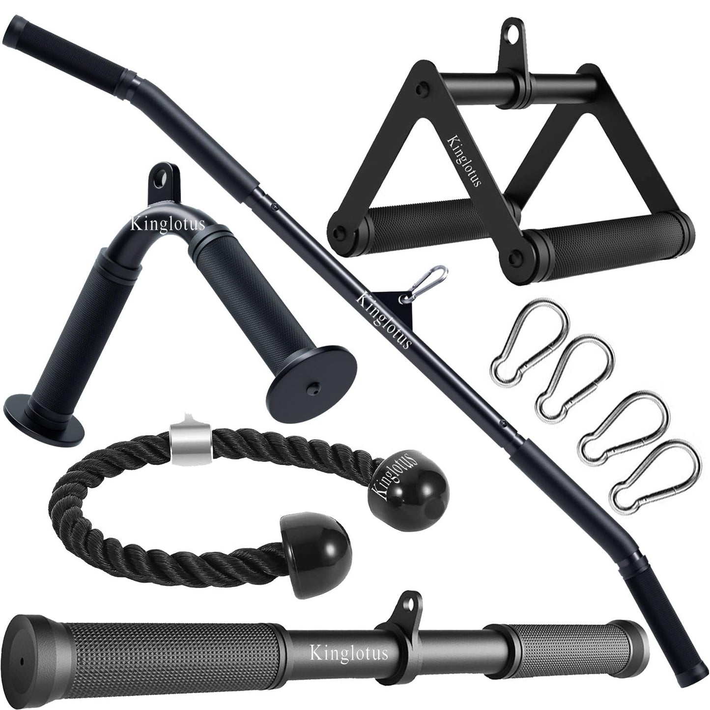 Kinglotus Cable Machine Attachments Set, Home Gym Accessories with 39" LAT Pull Down Bar, Straight Bar, V-Shaped Bar, Tricep Rope, Double D Handles, Weight Workout Equipment for Strength Training