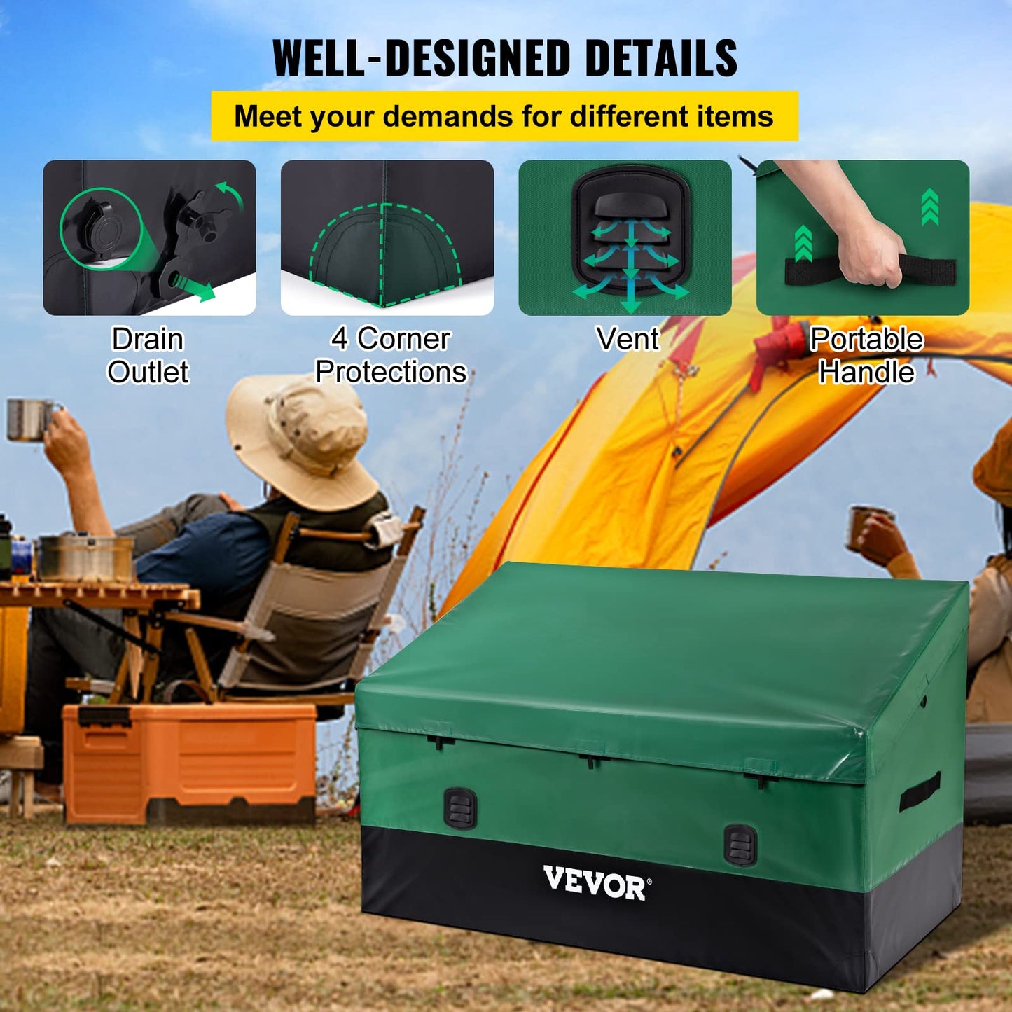 VEVOR Outdoor Storage Box, 230 Gallon Waterproof PE Tarpaulin Deck Box w/Galvanized Frame, All-Weather Protection & Portable, for Camping, Garden, Poolside, and Yard, Black & Green