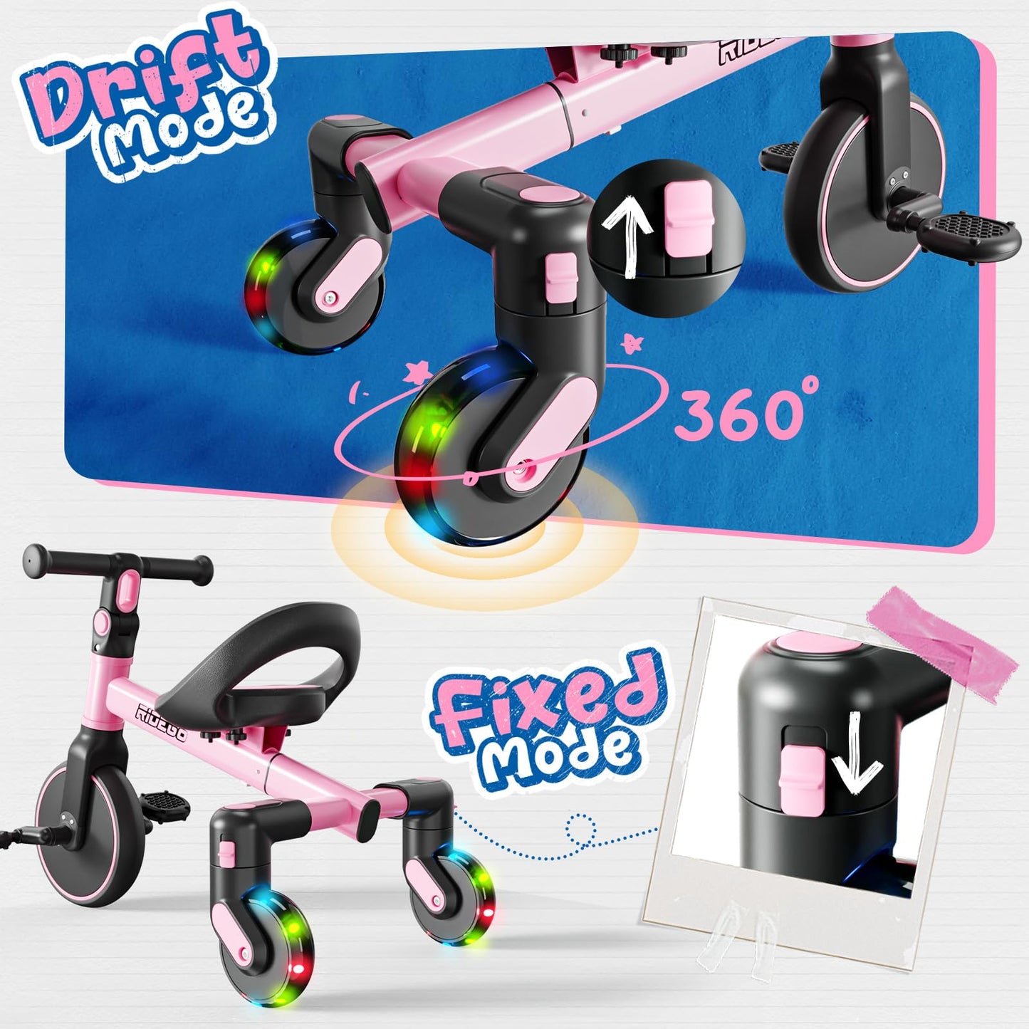 Ridego 3-in-1 Toddler Tricycle for 2-5 Years, Drift Trike with 360° Spin, Light Up Wheels, Adjustable Seat, Toddler Bike for Boys Girls