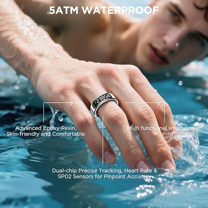 Smart Ring Health Tracker with Display Screen, Sleep Tracker Ring with Heart Rate, Fitness Ring Step tracker for Activity Monitoring/Steps/Calories,Wireless Charging, for iOS Android (Silver,11#)