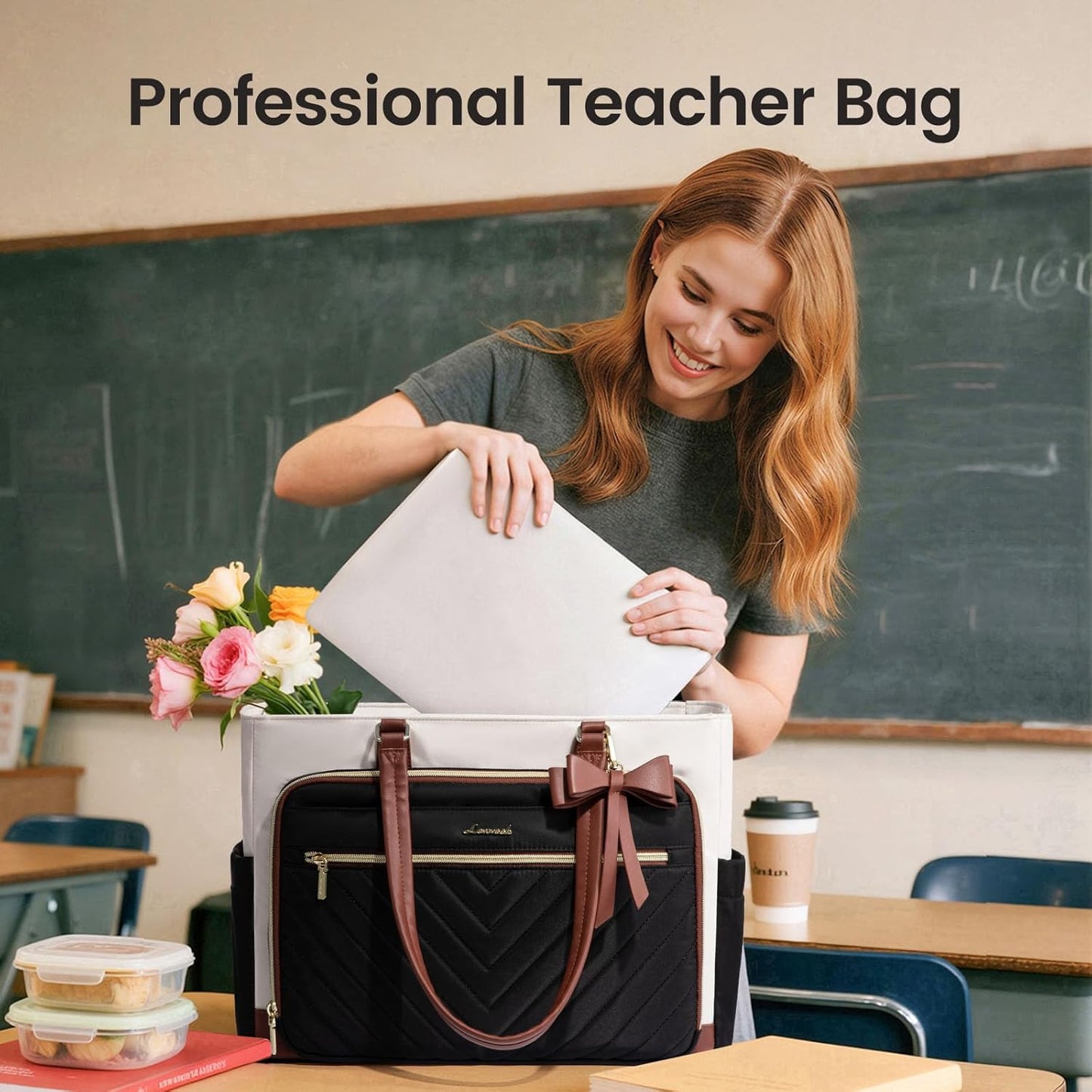 LOVEVOOK Teacher Tote Bag for Women, Work Laptop Bag Gift with Large Cup Holder, Quilted Nurse Bag Diaper Tote