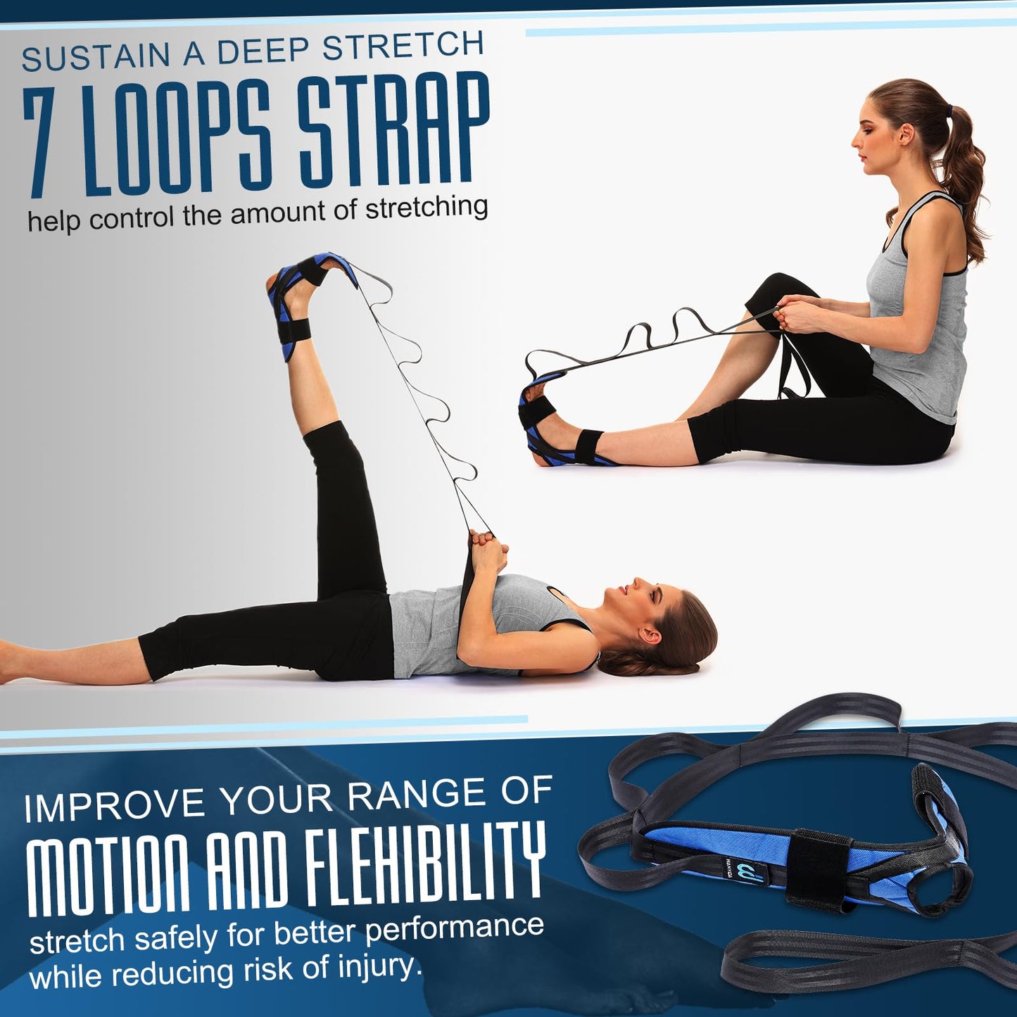 Foot and Calf Stretcher for Plantar Fasciitis, Achilles Tendonitis, Heel Spurs, Drop Foot. Yoga Stretching Strap for Leg, Thigh and Hamstring (Blue)