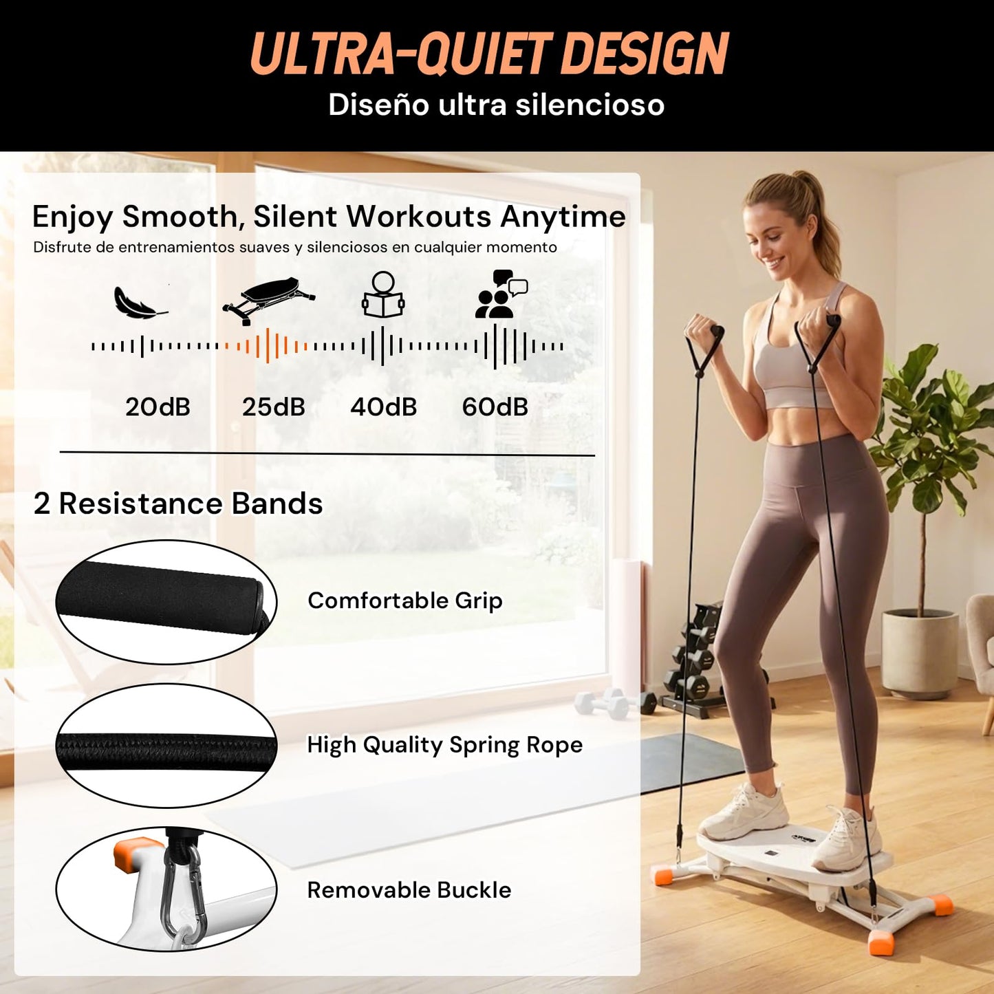 SEKAM Ski Machine Trainer, Indoor Ski Simulator with Resistance Bands & Balance Board - Low Impact Stepper Exercise Equipment for Home Gym Full Body Workout, 300LBS Capacity (Orange)