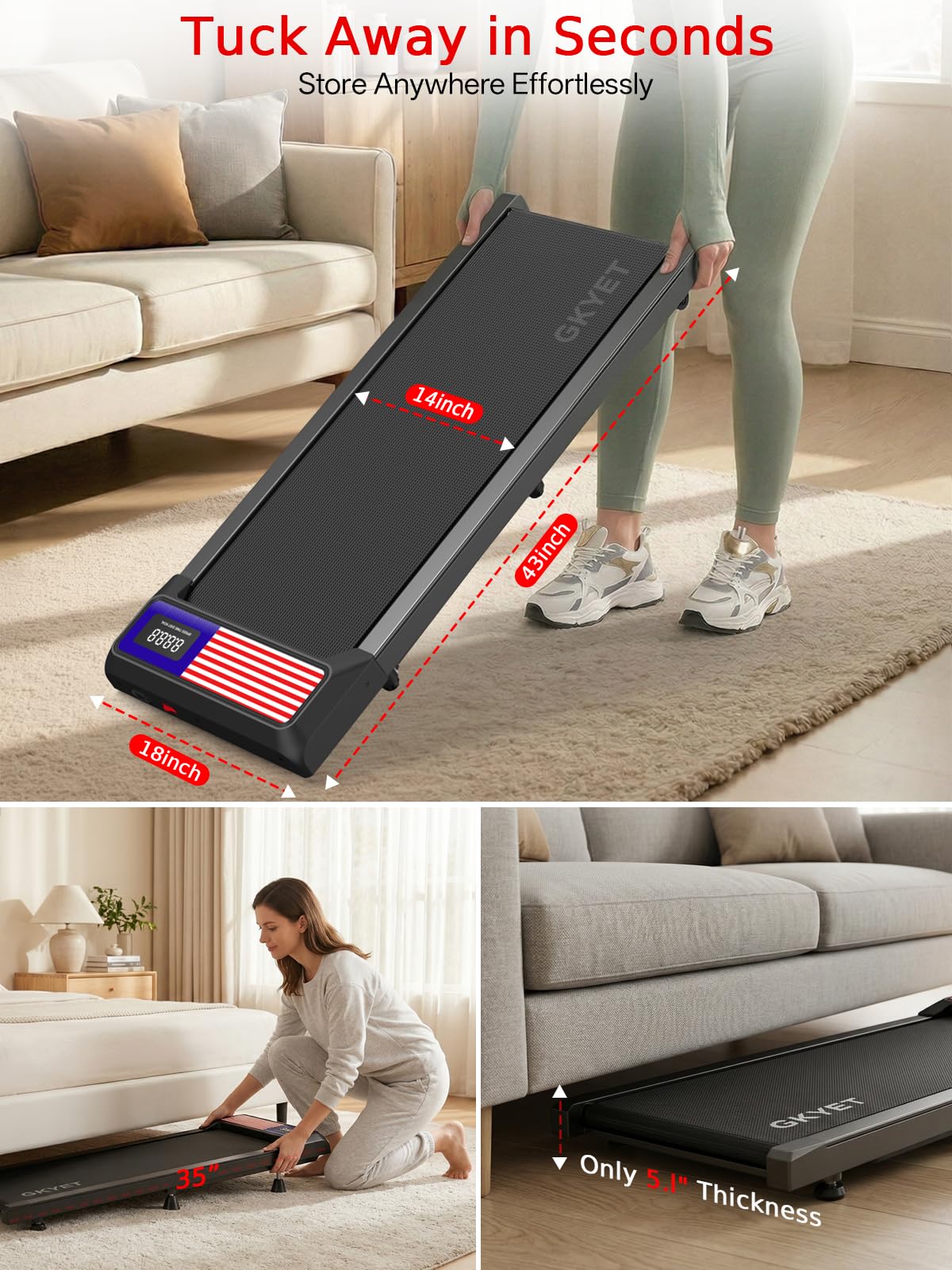 Walking Treadmill Pad with 8% Incline for Home, Under Desk Treadmill for Home Office, 2.5HP Quiet Portable Walking Mat, 265 lbs Capacity, Compact Treadmill for Small Spaces with 15" x 35.4" Belt