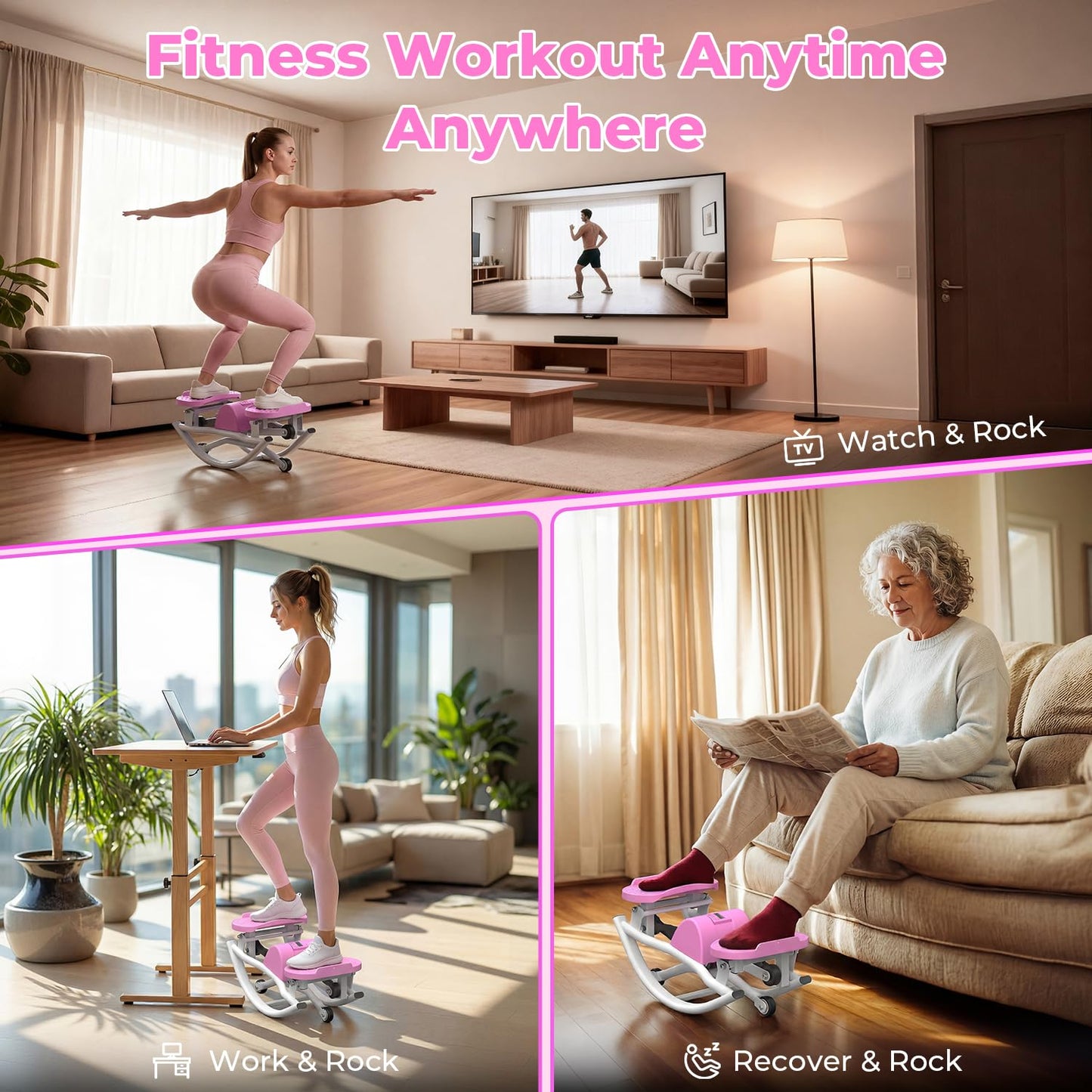 Rock Stepper,Rocking Stepper with Resistance Bands, 3D Side-to-Side Motion Mini Stepper for Women Home Workout, Low Impact Lateral Step Machine with Non-Slip Mat and Digital Counter, 250lbs Capacity