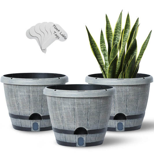 Sun-E Whiskey Barrel Self Watering Planters 10 Inch 3Pack with Water Level Window, Drainage Holes, Saucers & Plant Tags-Gray Imitation Wood Grain Pots for House Plants,Plants&Decor Not Included