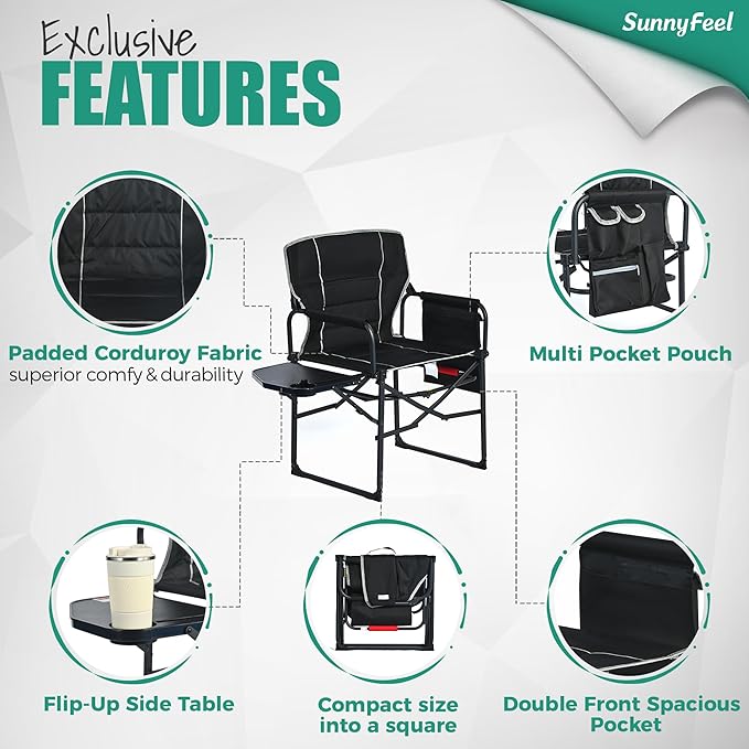 SUNNYFEEL Oversized Camping Directors Chair 1 Pack, Portable Folding Lawn Chairs for Adults Heavy Duty with Side Table,Pocket for Beach, Fishing,Picnic,Concert Outdoor, Foldable Camp Chairs